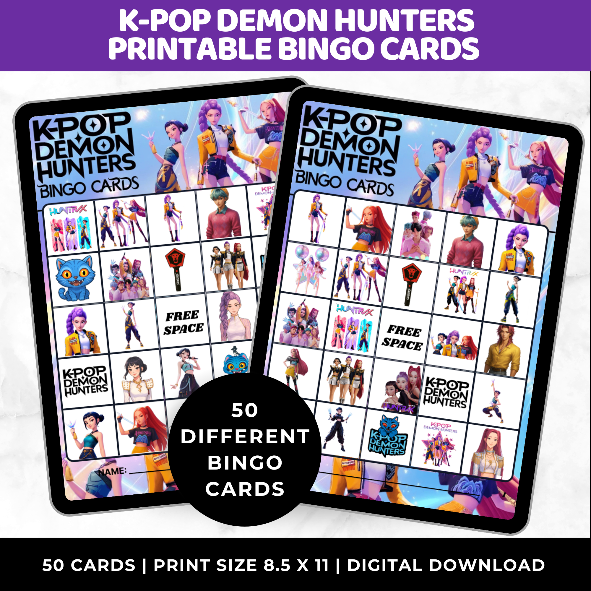 K-Pop Demon Hunters printable bingo cards with character illustrations on a white background.