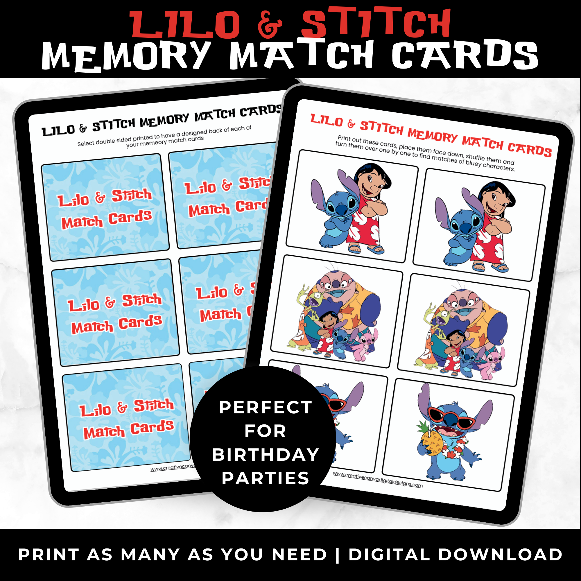 Lilo & Stitch Memory Match Game Printable | Stitch Birthday Party Game for Kids | Classroom & Screen Free Activity