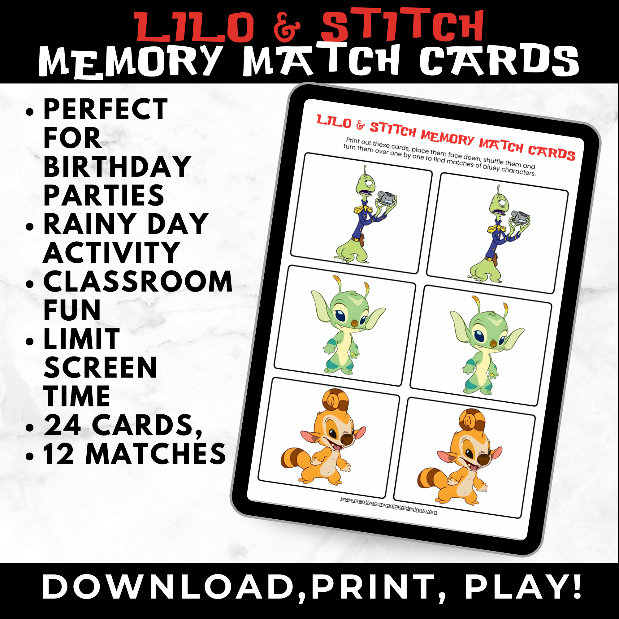 Lilo & Stitch Memory Match Game Printable | Stitch Birthday Party Game for Kids | Classroom & Screen Free Activity