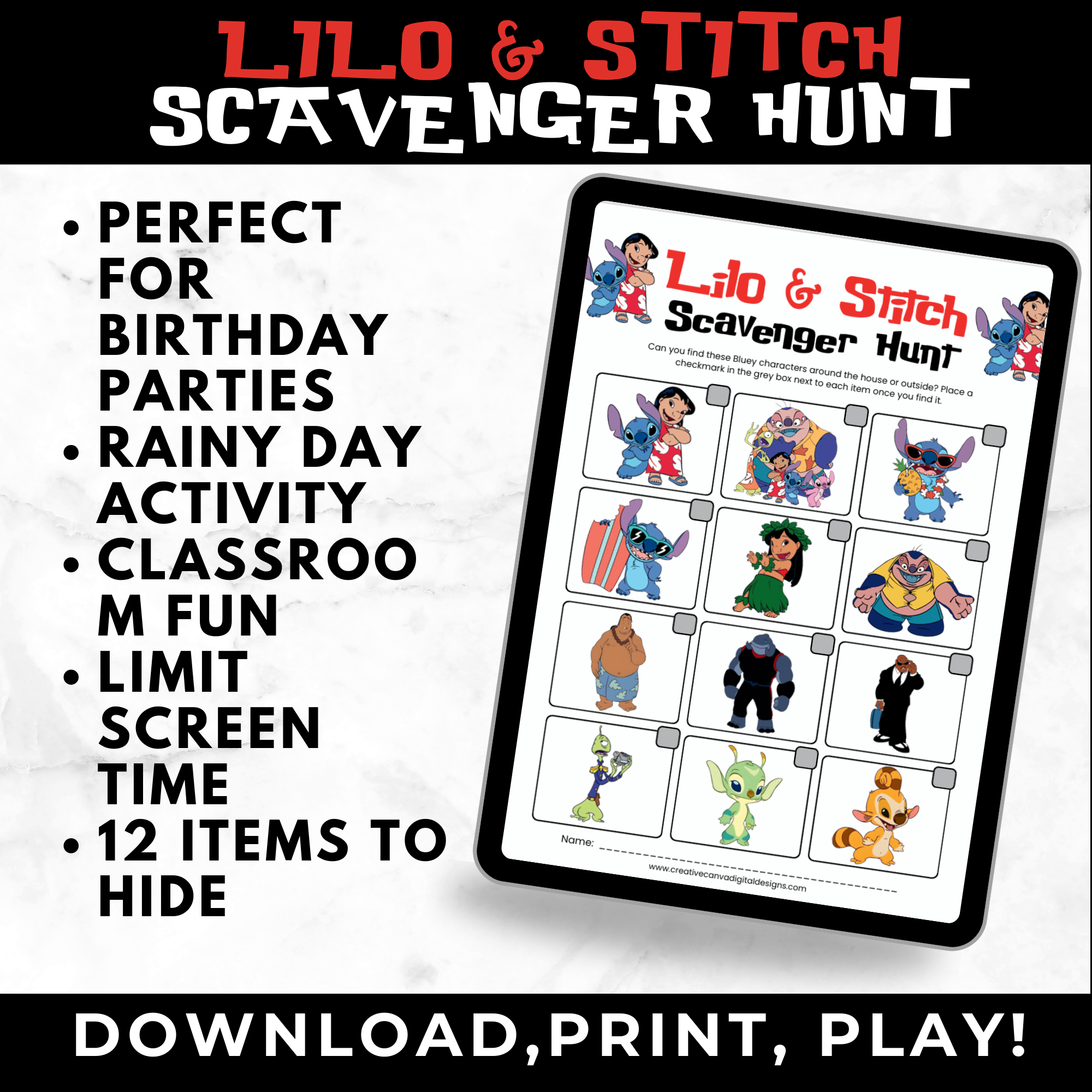 Lilo & Stitch Scavenger Hunt Printable Game for Kids | Stitch Birthday Party Game