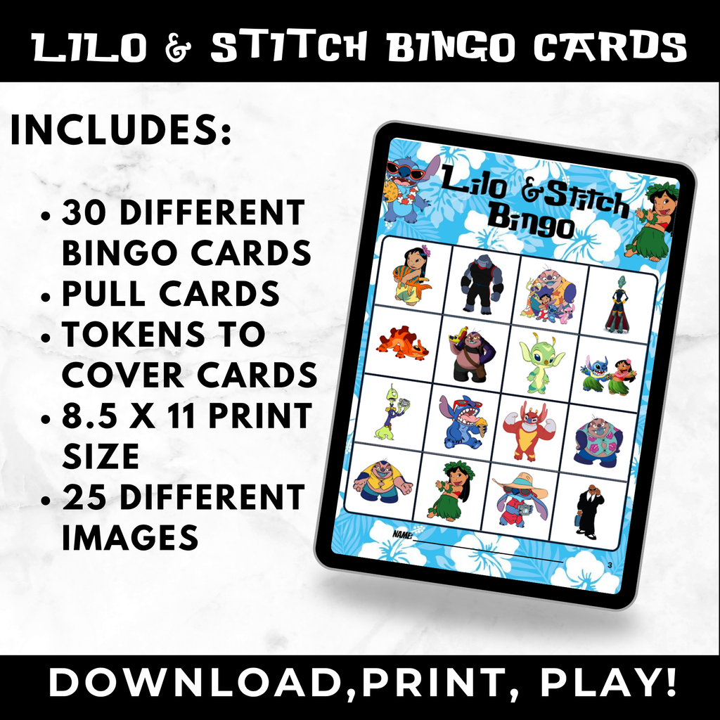 Lilo and Stitch Bingo Cards Printable | Stitch Birthday Party Game for Kids |Instant Download Party Activity