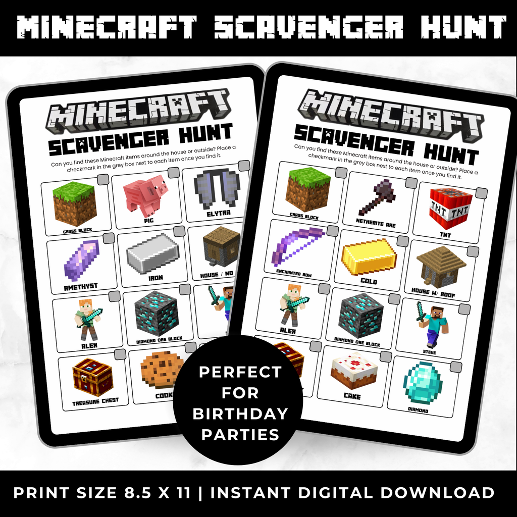 Minecraft Scavenger Hunt Printable Game for Kids | Birthday Party Treasure Hunt | Classroom Activity | Instant Digital Download