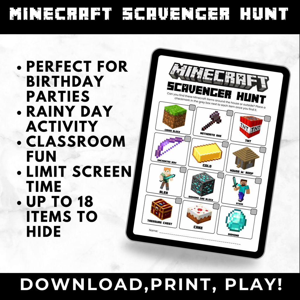 Minecraft Scavenger Hunt Printable Game for Kids | Birthday Party Treasure Hunt | Classroom Activity | Instant Digital Download