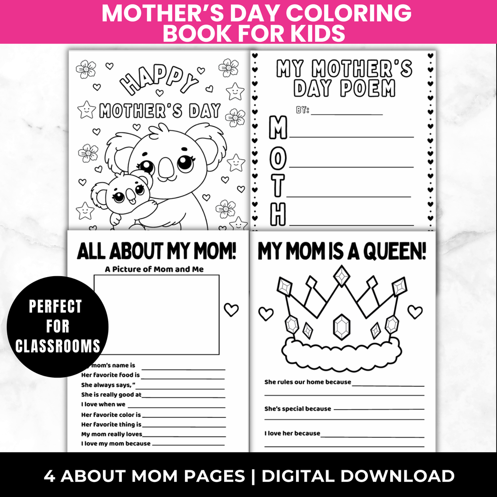 Mother’s Day Printable Card Bundle for Kids | All About My Mom Worksheet, Mom Crown Craft, MOTHER Poem Coloring Page | Classroom Mom Gift