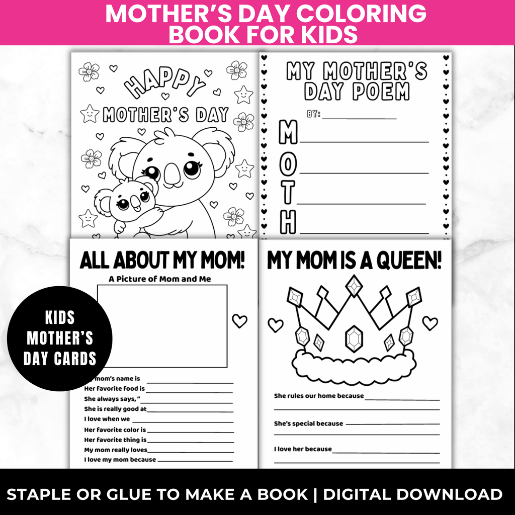 Mother’s Day Printable Card Bundle for Kids | All About My Mom Worksheet, Mom Crown Craft, MOTHER Poem Coloring Page | Classroom Mom Gift