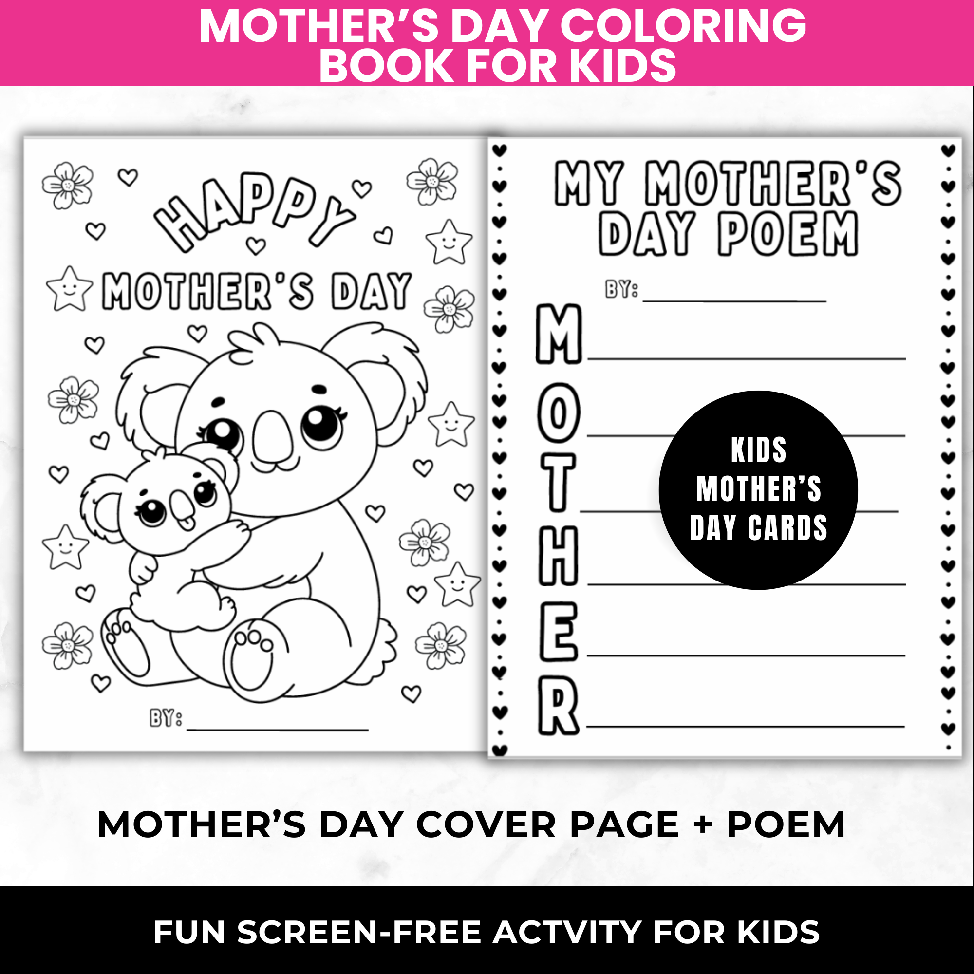 Mother’s Day Printable Card Bundle for Kids | All About My Mom Worksheet, Mom Crown Craft, MOTHER Poem Coloring Page | Classroom Mom Gift