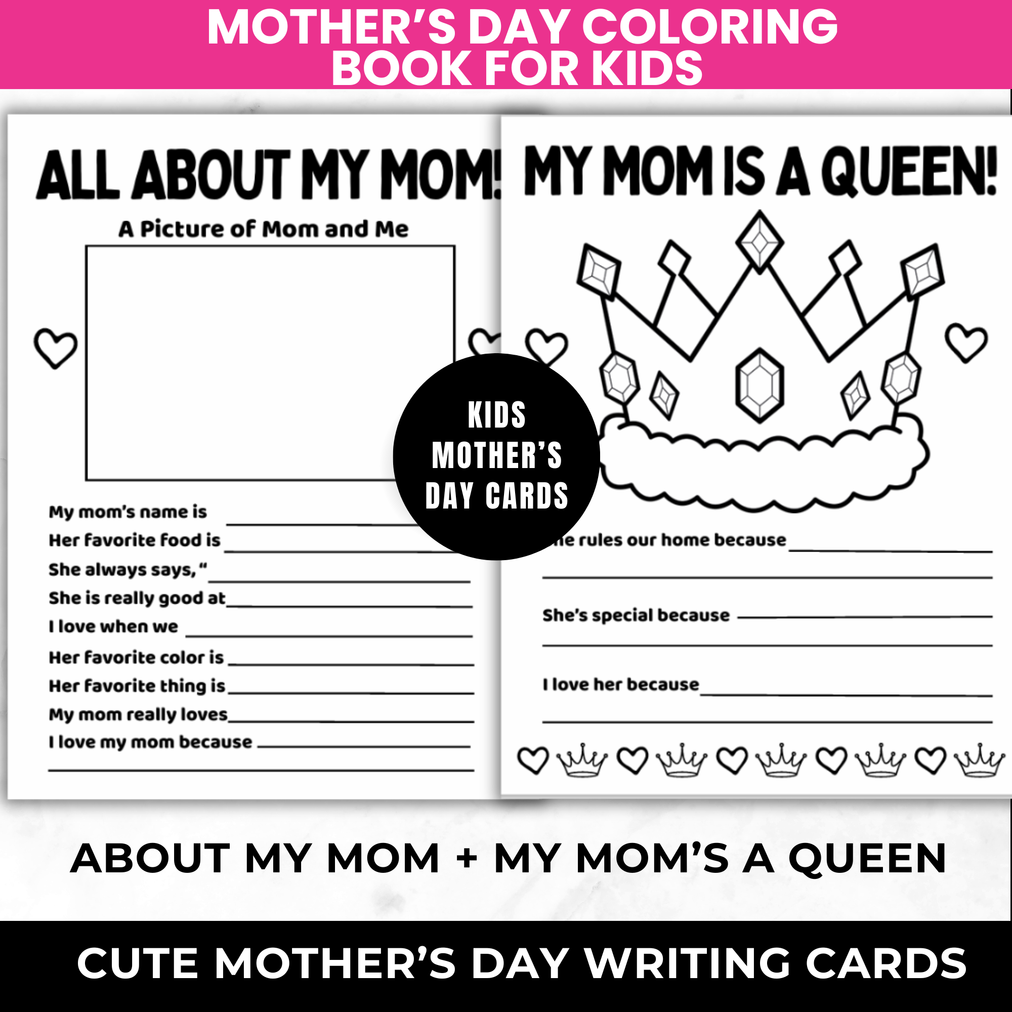 Mother’s Day Printable Card Bundle for Kids | All About My Mom Worksheet, Mom Crown Craft, MOTHER Poem Coloring Page | Classroom Mom Gift