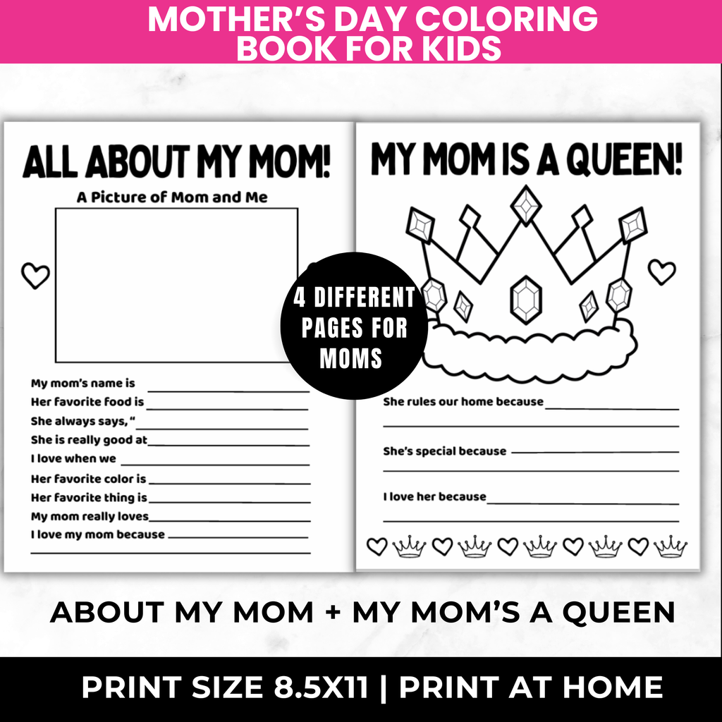 Mother’s Day Printable Card Bundle for Kids | All About My Mom Worksheet, Mom Crown Craft, MOTHER Poem Coloring Page | Classroom Mom Gift