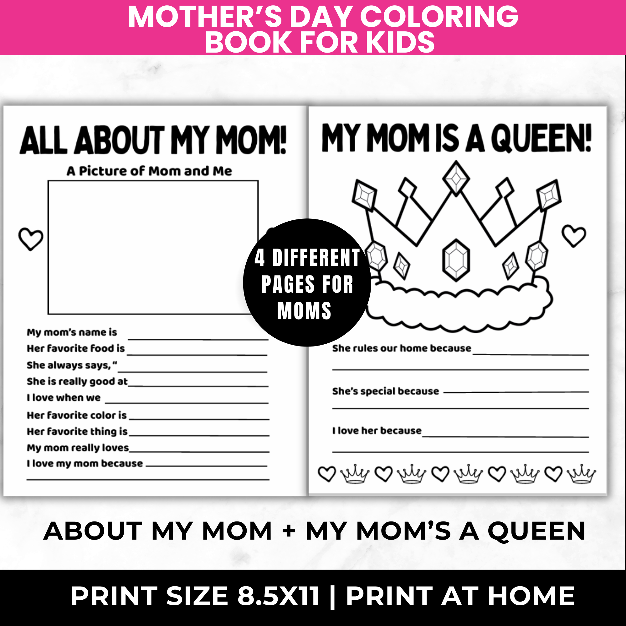 Mother’s Day Printable Card Bundle for Kids | All About My Mom Worksheet, Mom Crown Craft, MOTHER Poem Coloring Page | Classroom Mom Gift