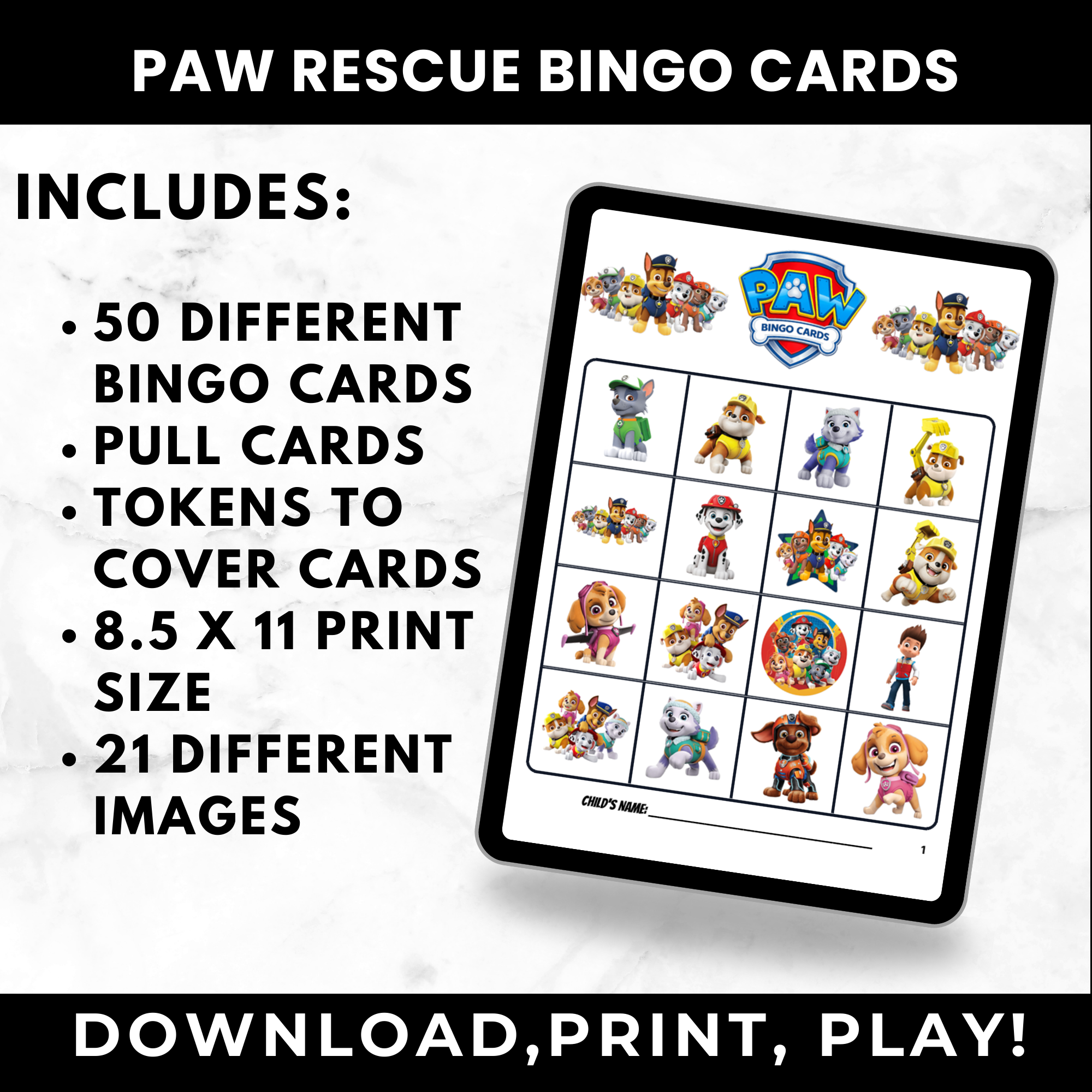 Paw Patrol Bingo Cards | Printable Bingo Cards for Kids