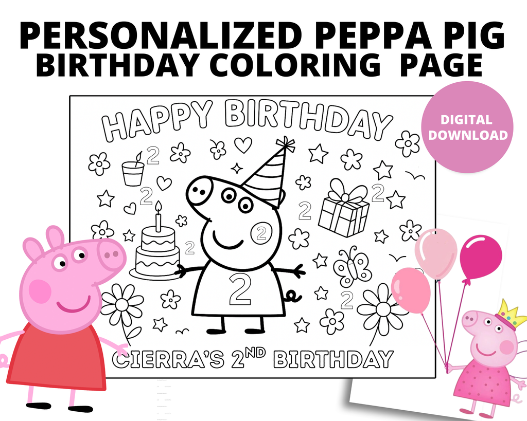 Personalized Peppa Pig Birthday Coloring Page | Custom Kids Coloring Sheet with Name & Age | Peppa Party Activity Printable