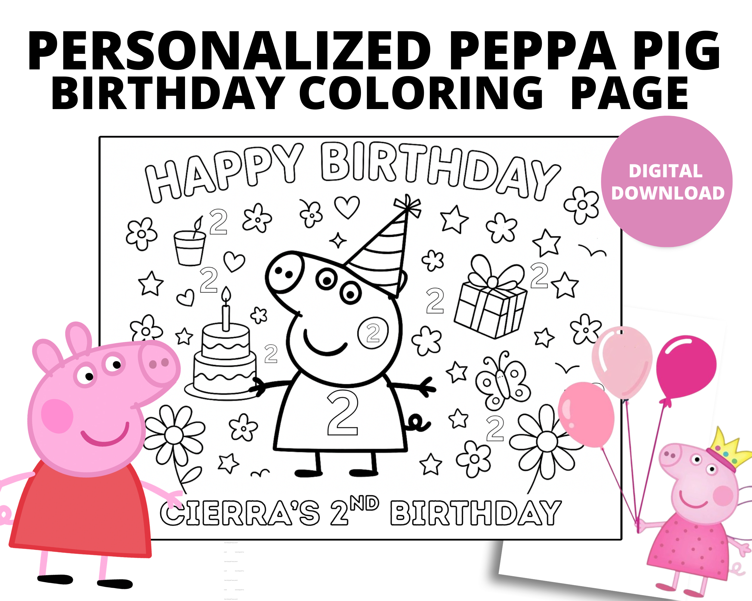 Personalized Peppa Pig Birthday Coloring Page | Custom Kids Coloring Sheet with Name & Age | Peppa Party Activity Printable