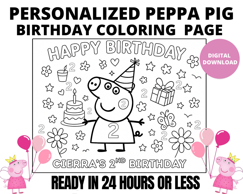 Personalized Peppa Pig Birthday Coloring Page | Custom Kids Coloring Sheet with Name & Age | Peppa Party Activity Printable