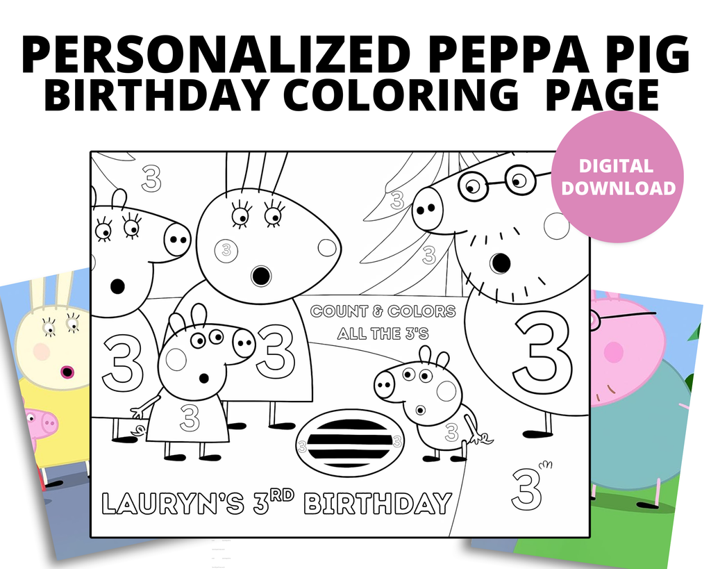Custom Peppa Pig Birthday Coloring Page | Peppa Party Favor Printable