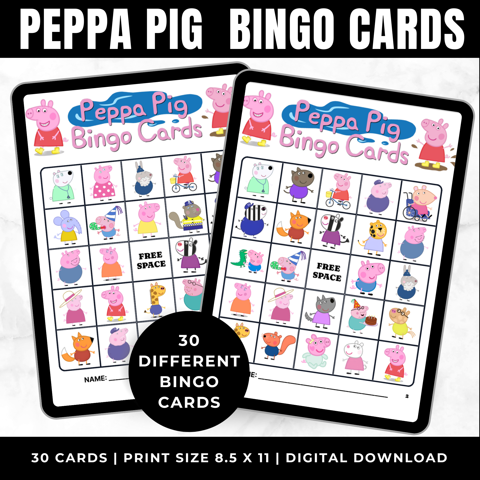 Peppa Pig Bingo Cards Printable | Peppa Pig Birthday Party Game for Kids | 30 Unique Bingo Cards | Classroom Activity | Instant Download