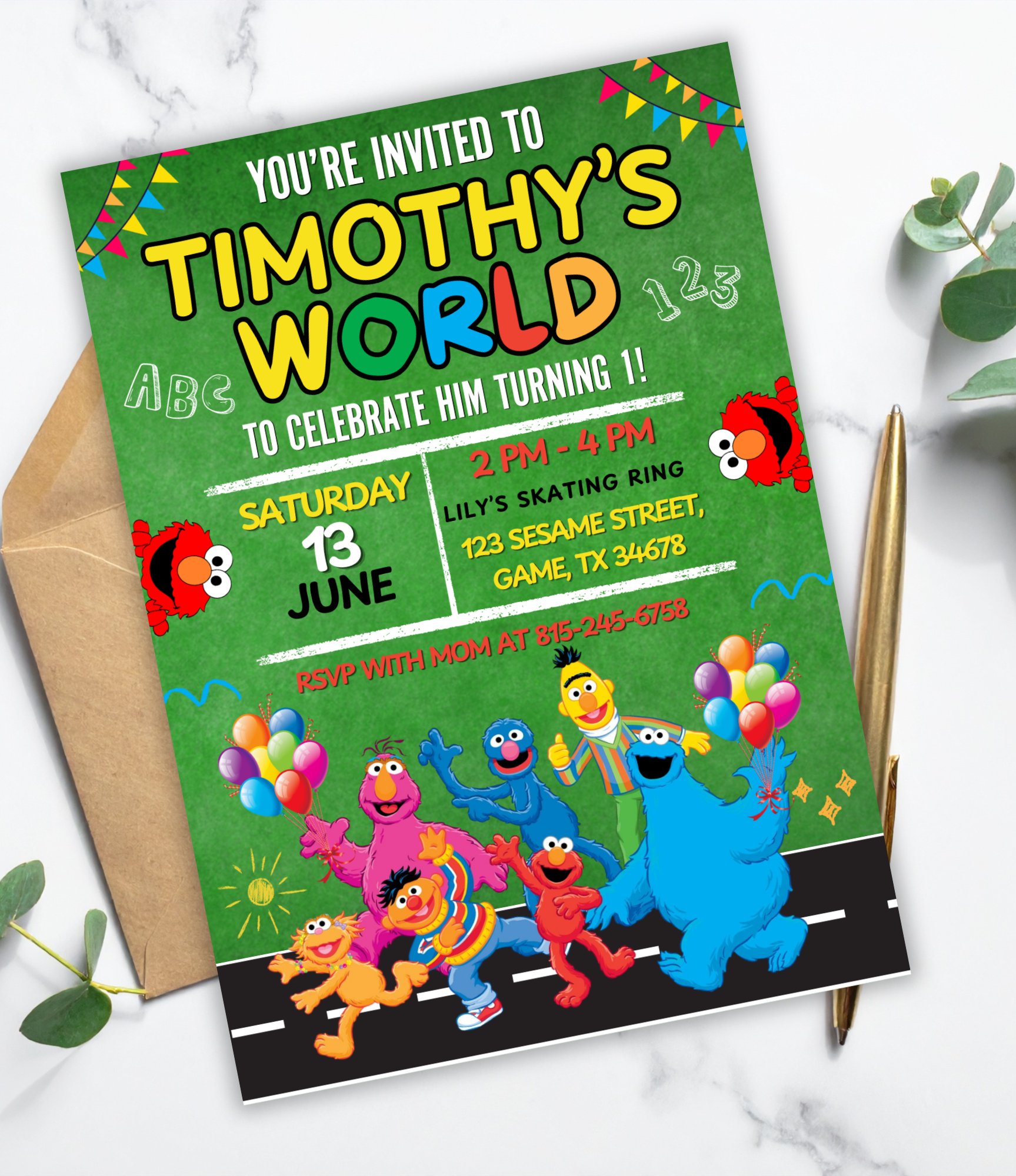 Personalized Sesame Street Birthday Invitation for Kids | Elmo Birthday Party Invite | Custom 1st Birthday Invitation