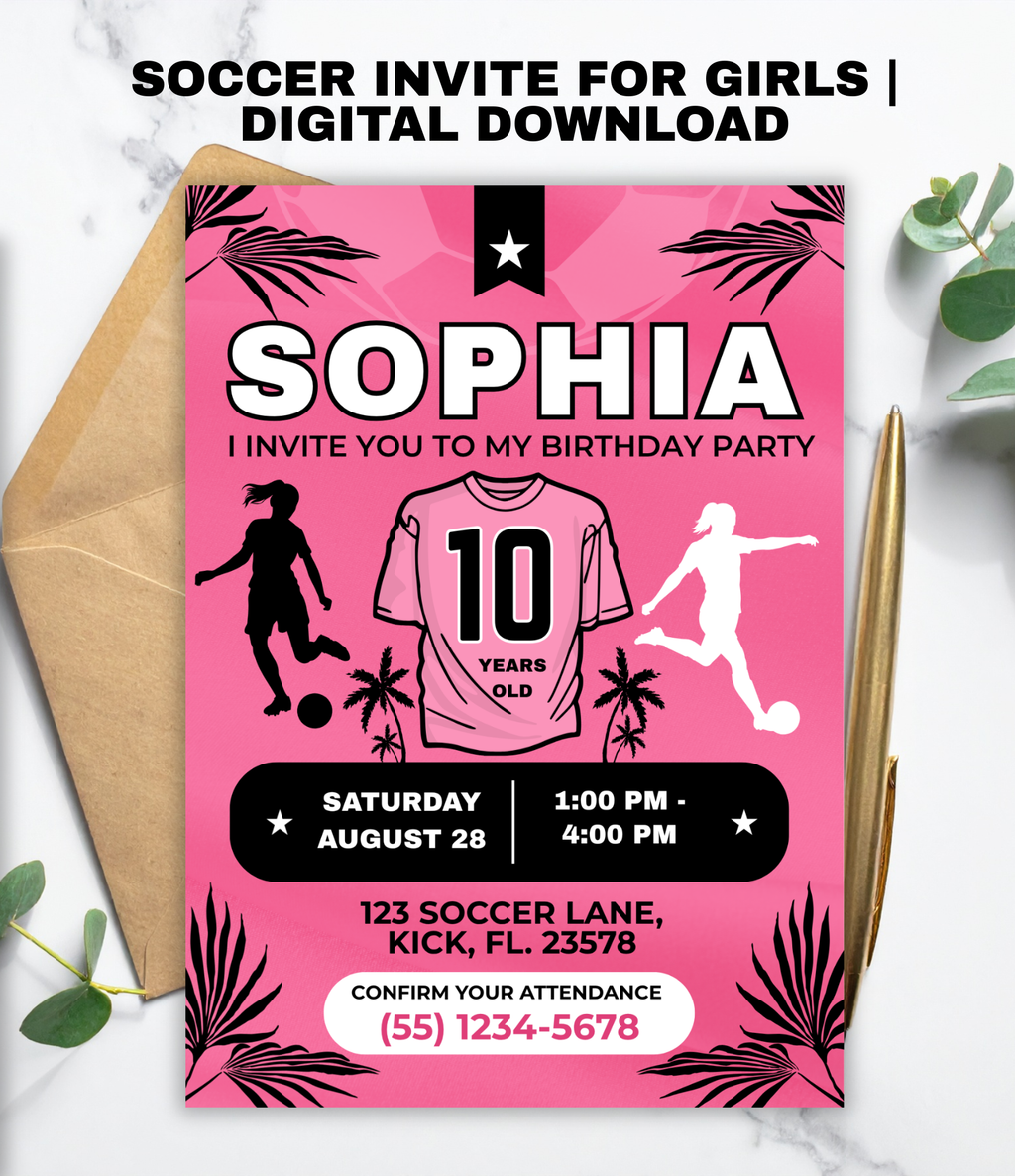 Pink Soccer birthday invitation printable, invitation design