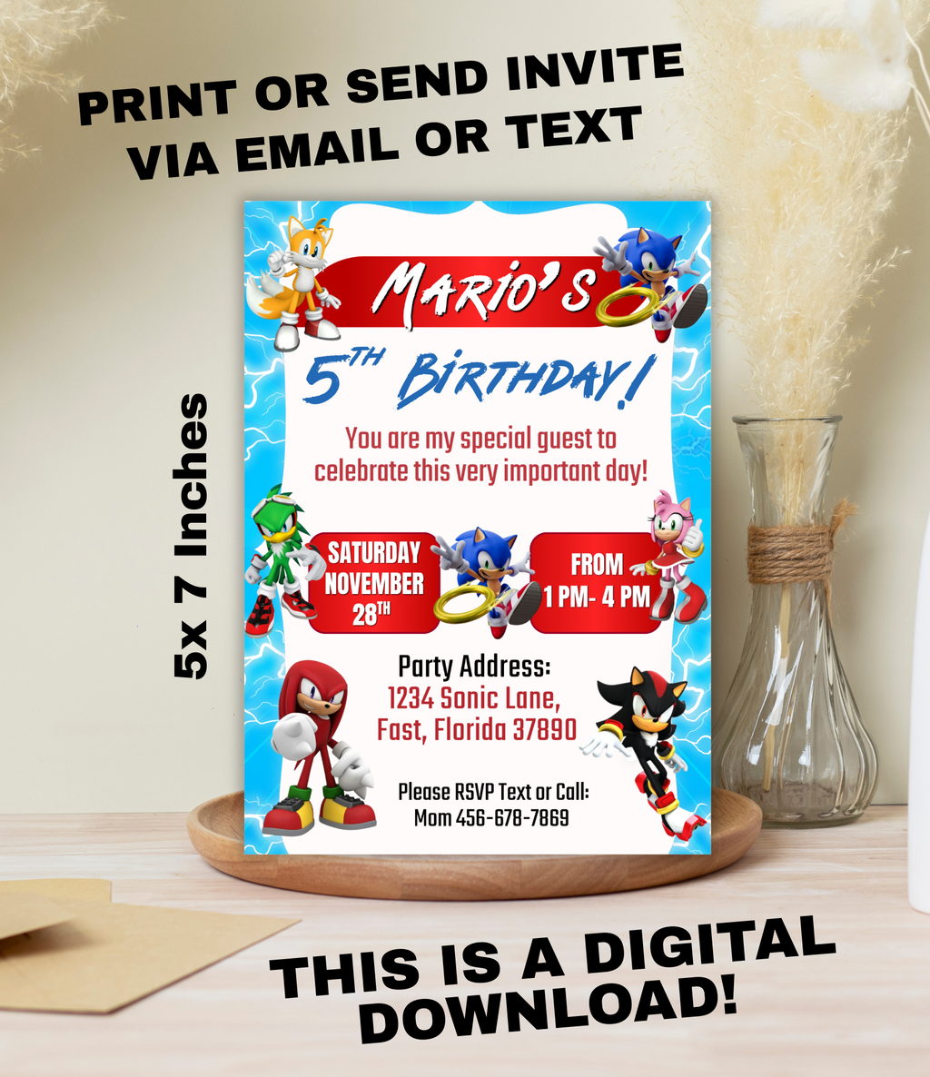 Sonic Birthday Invitation for Boys | Personalized Sonic Party Invite | Editable Canva Template or Custom Digital Invitation