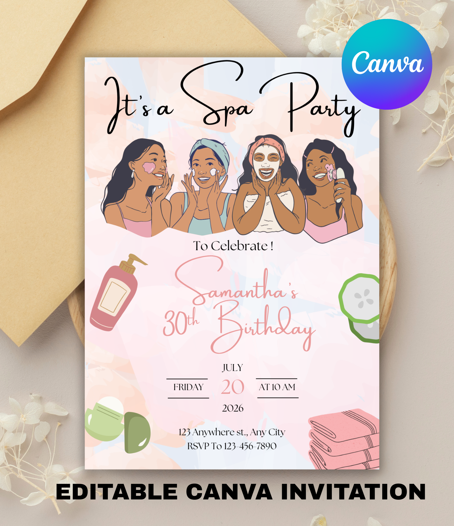 Spa Day Birthday Invitation Template | Editable Canva 30th Birthday Invitation for Women | Luxury Spa Party Invite