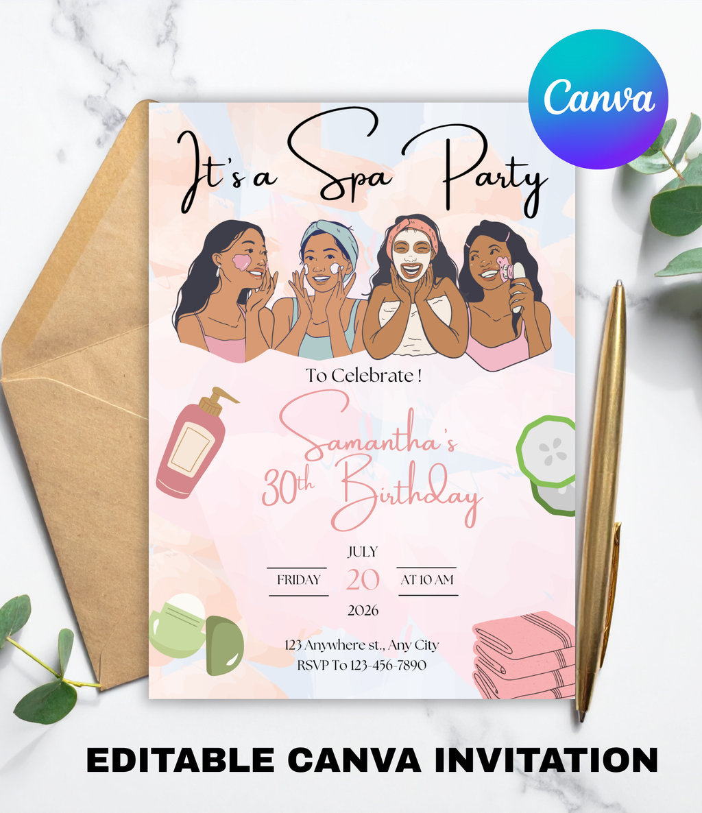 Spa Day Birthday Invitation Template | Editable Canva 30th Birthday Invitation for Women | Luxury Spa Party Invite