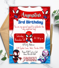 Personalized Spiderman birthday invitation for kids featuring a superhero party theme, customized with child’s name and party details in a printable 5x7 digital invitation.