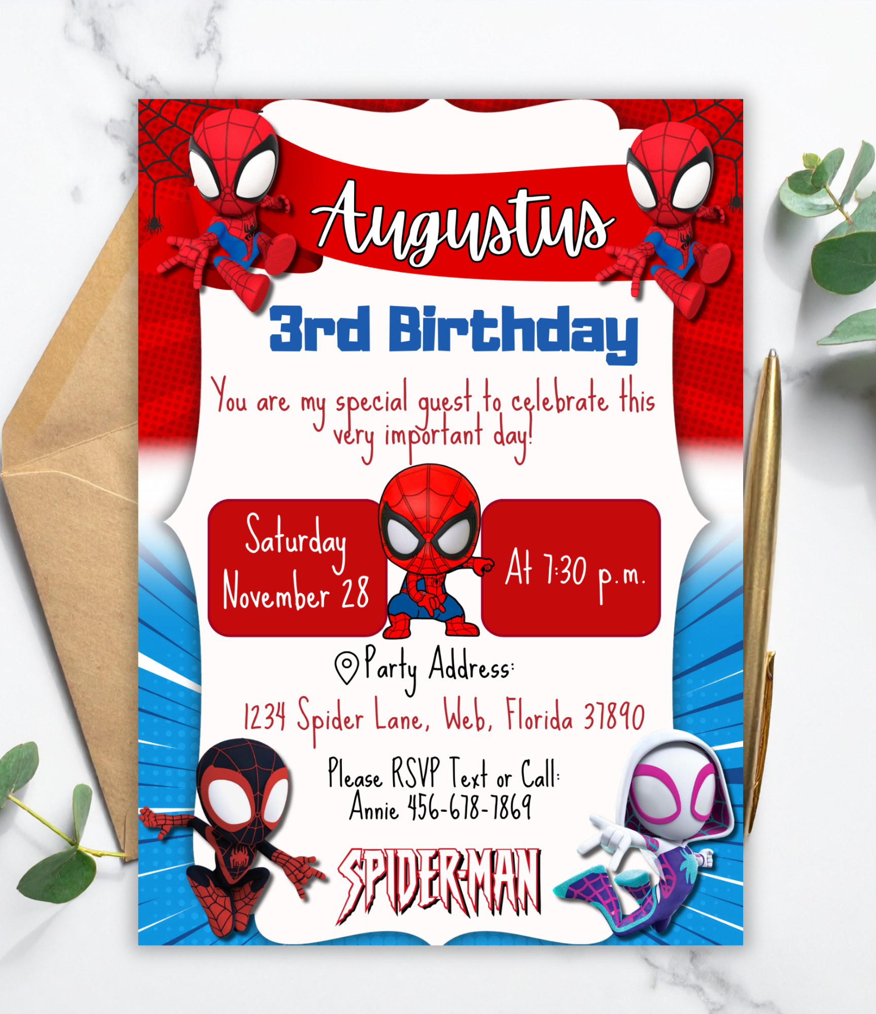 Personalized Spiderman birthday invitation for kids featuring a superhero party theme, customized with child’s name and party details in a printable 5x7 digital invitation.