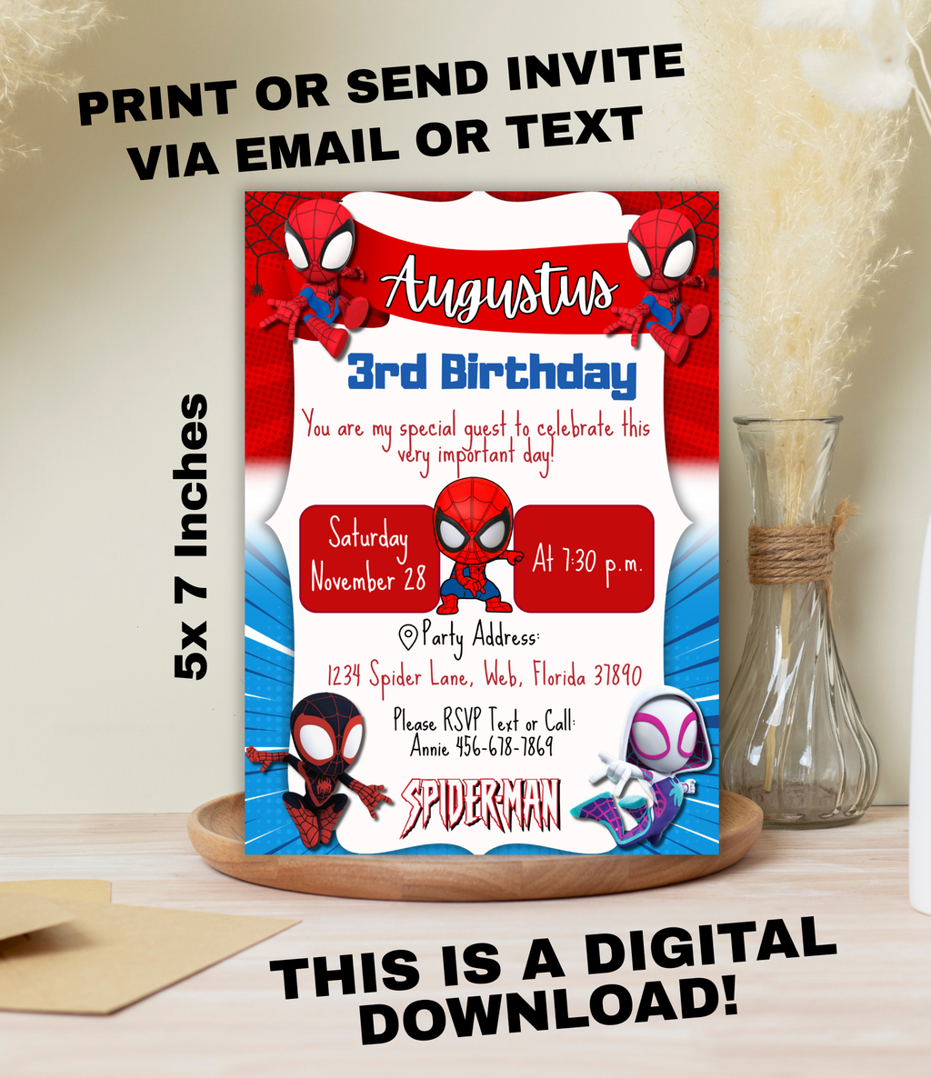 Personalized Spiderman birthday invitation for kids featuring a superhero party theme, customized with child’s name and party details in a printable 5x7 digital invitation.