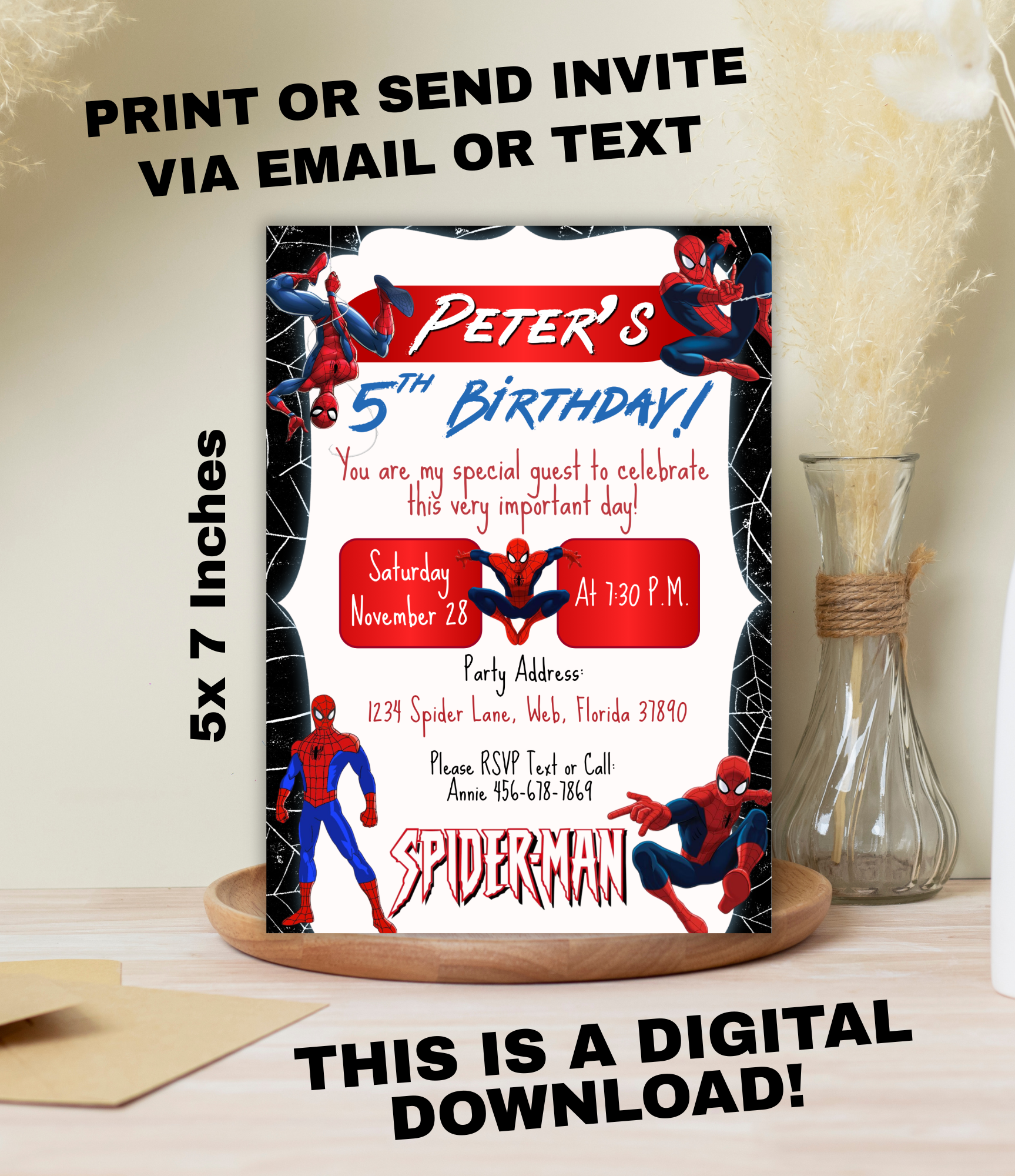 Personalized Spiderman Birthday Invitation for Boys | Superhero Party Invite | Custom Digital Invitation