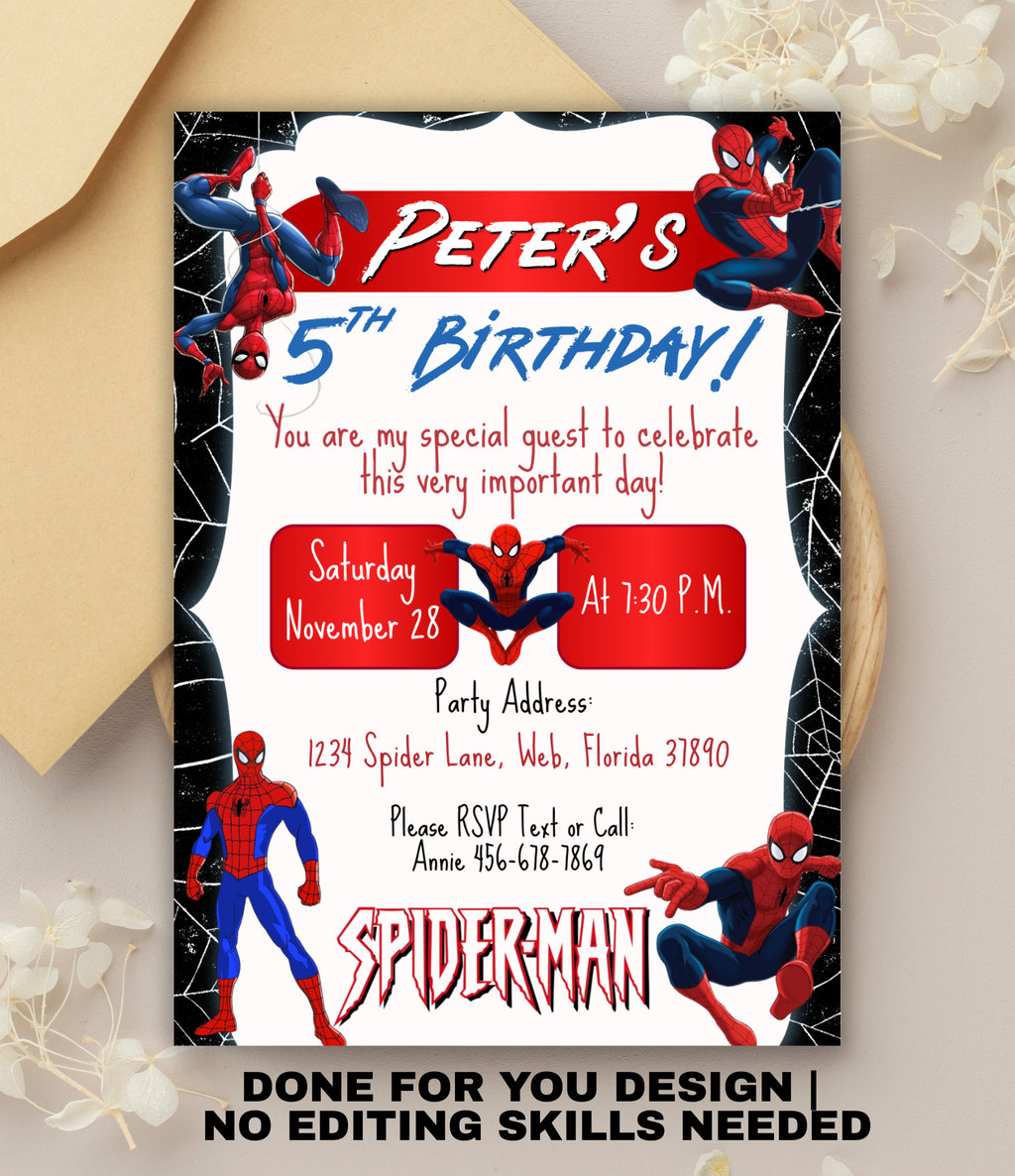 Personalized Spiderman Birthday Invitation for Boys | Superhero Party Invite | Custom Digital Invitation