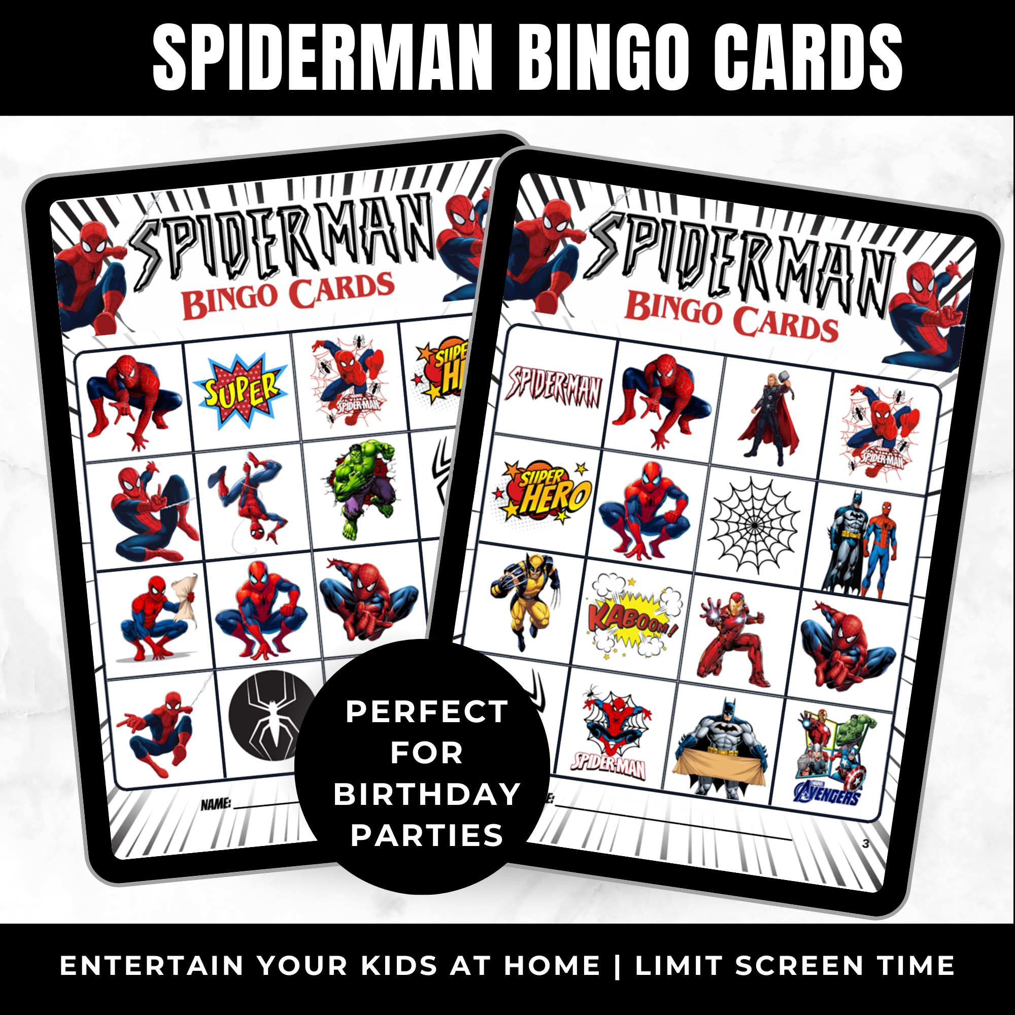 Spiderman Birthday Bingo Cards Printable for Kids | Superhero Party Game