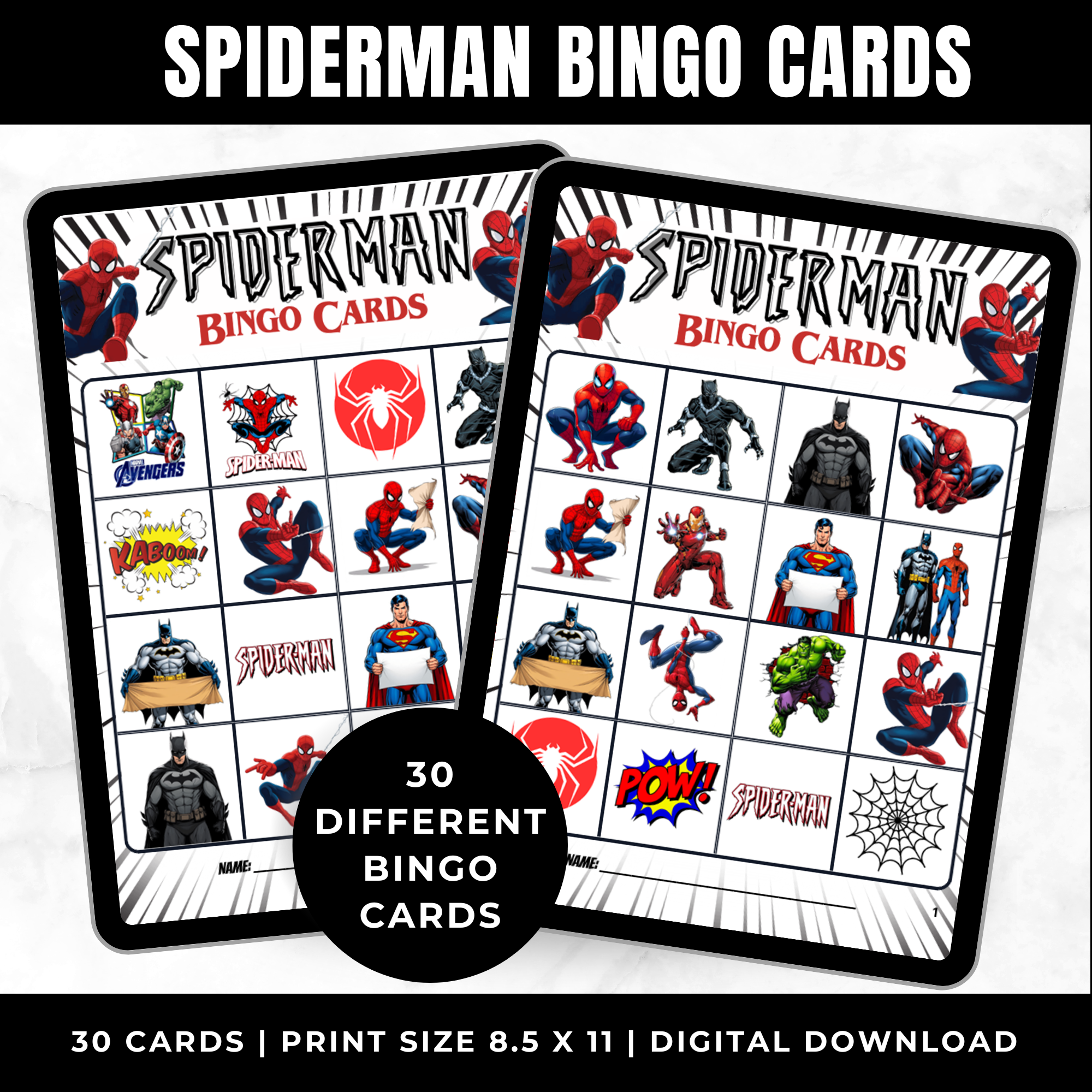 Spiderman Birthday Bingo Cards Printable for Kids | Superhero Party Game