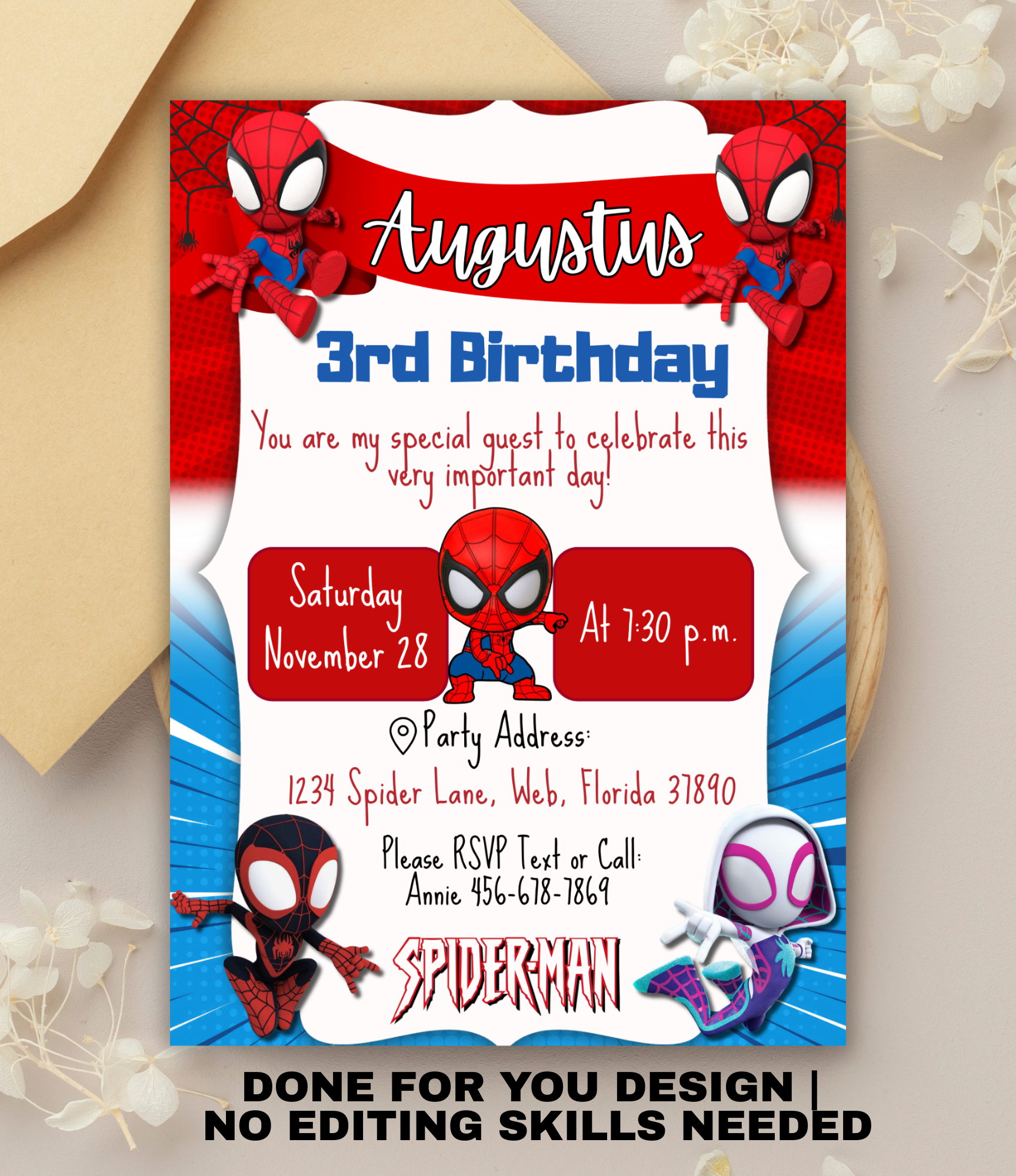 Personalized Spiderman birthday invitation for kids featuring a superhero party theme, customized with child’s name and party details in a printable 5x7 digital invitation.