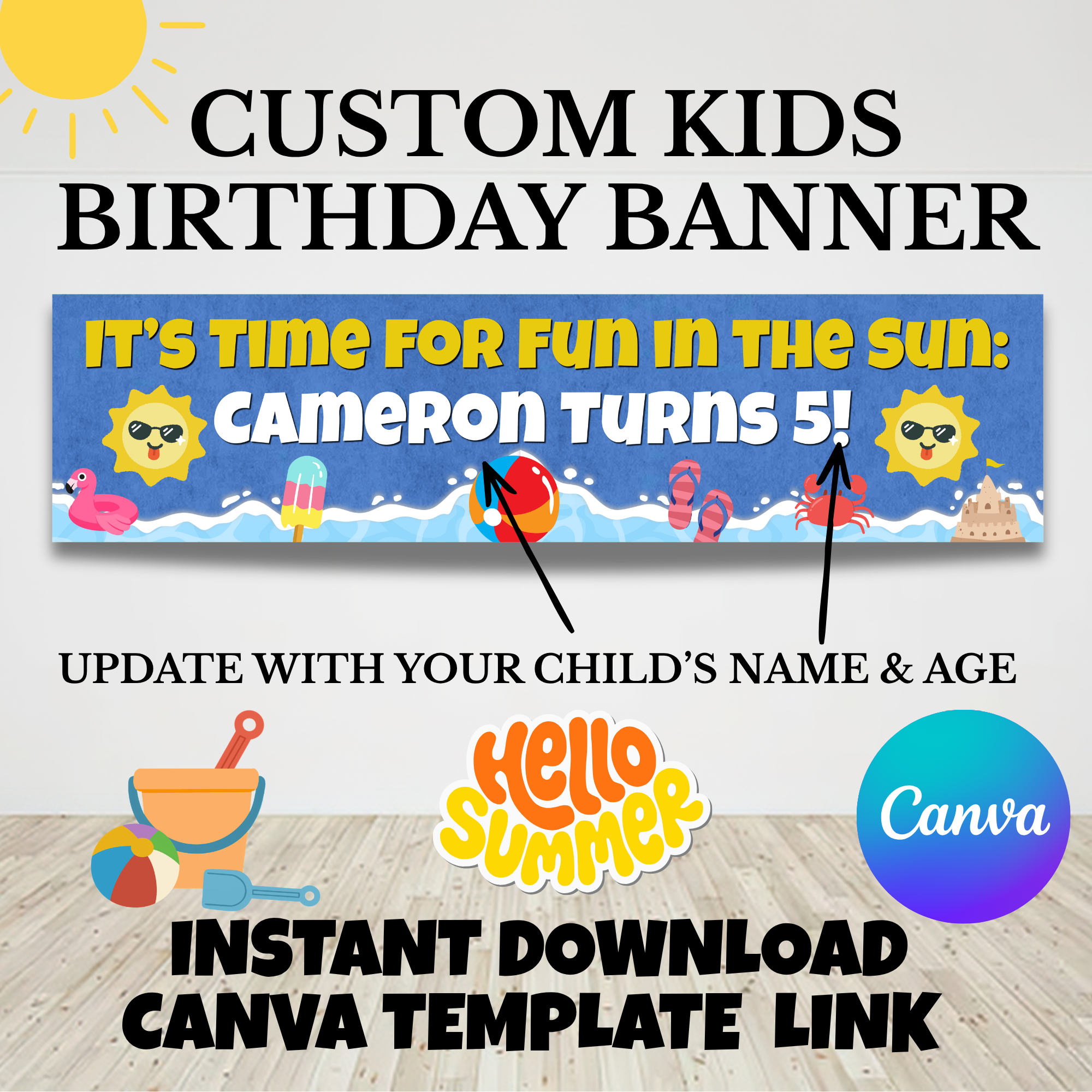 Summer Birthday Banner Template 2x8 ft | Editable Canva Banner for Kids Party | Printable Birthday Banner Instant Download