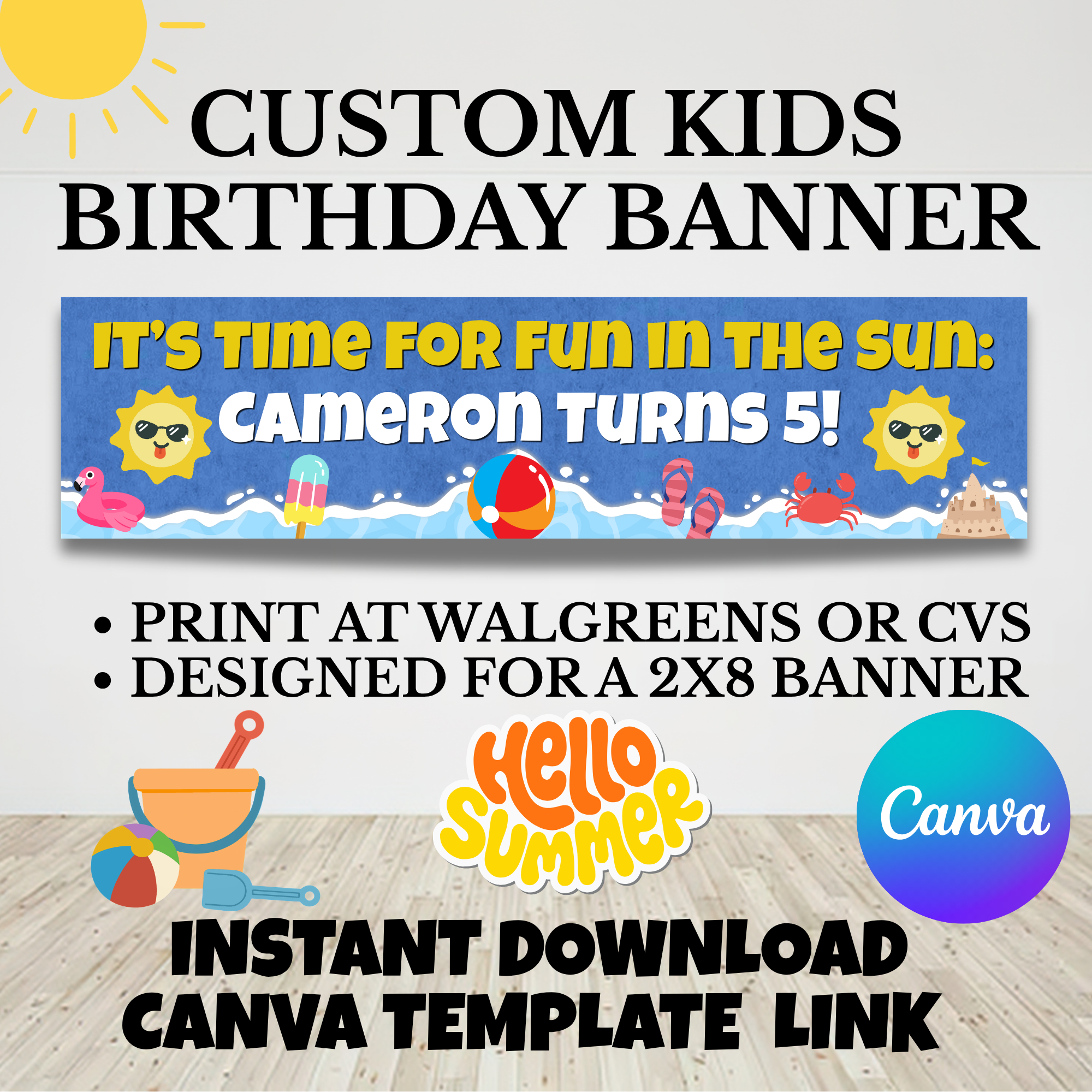 Summer Birthday Banner Template 2x8 ft | Editable Canva Banner for Kids Party | Printable Birthday Banner Instant Download