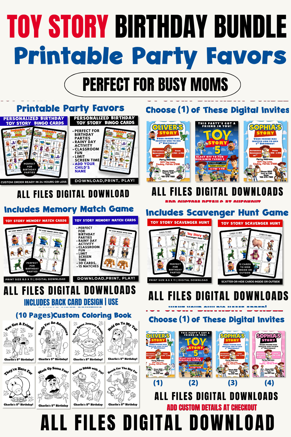 Toy Story Birthday Party Printables Bundle | Personalized Invitation, Bingo Cards, Scavenger Hunt, Memory Match & Custom Coloring Book