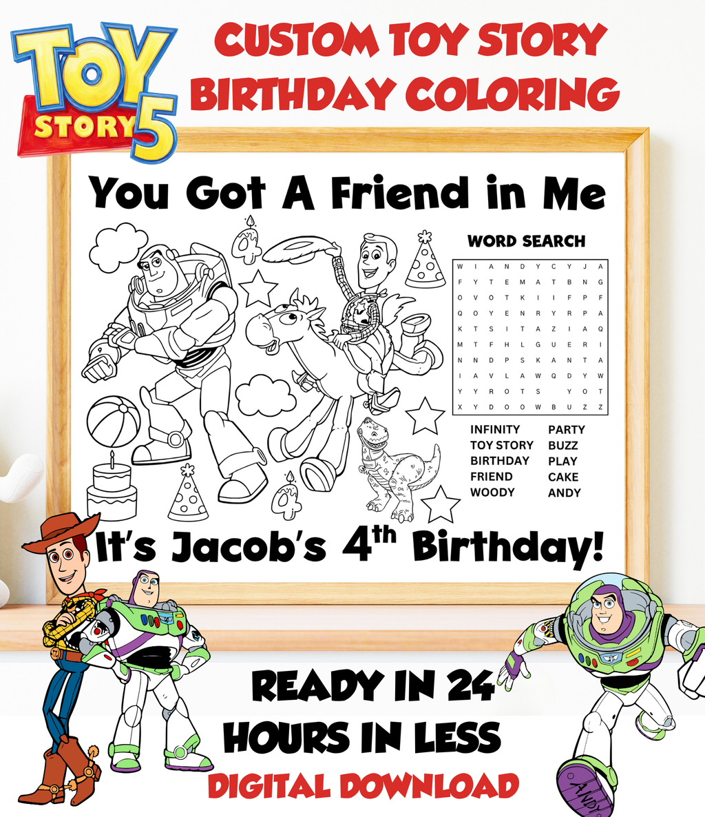 Custom Toy Story Birthday Coloring Page for Kids | Personalized Kid Party Coloring Sheet |