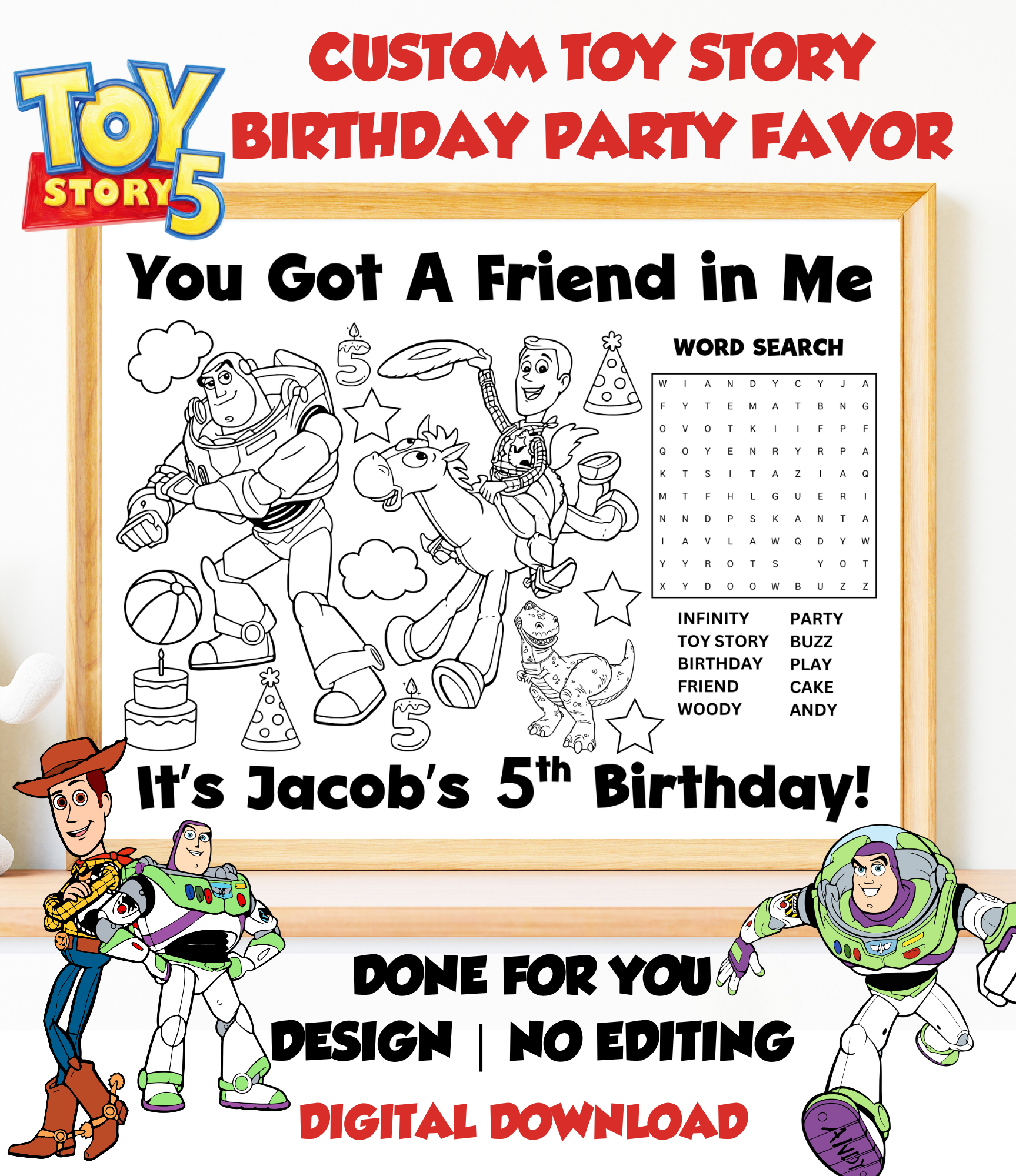 Custom Toy Story Birthday Coloring Page for Kids | Personalized Kid Party Coloring Sheet |