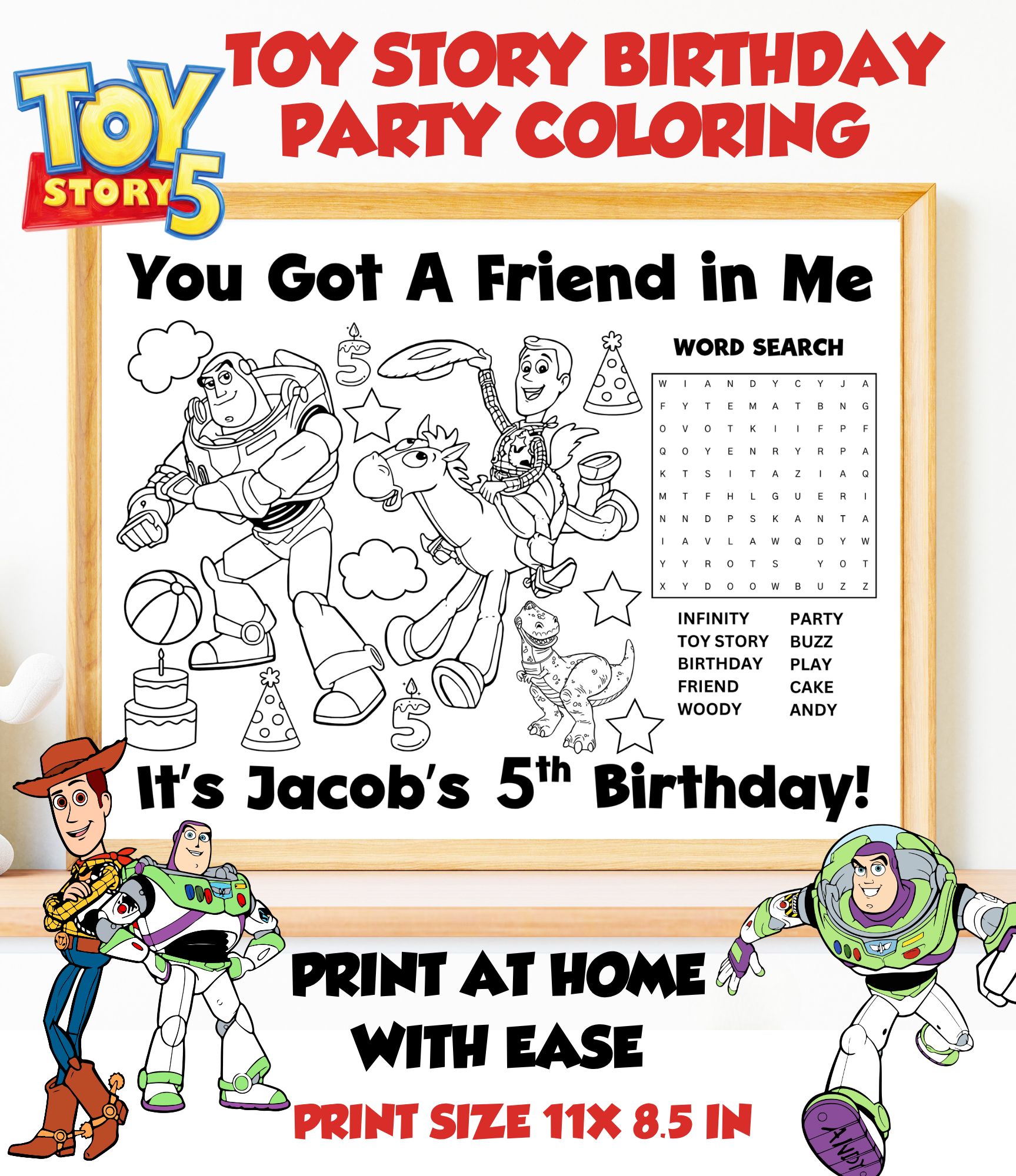 Custom Toy Story Birthday Coloring Page for Kids | Personalized Kid Party Coloring Sheet |