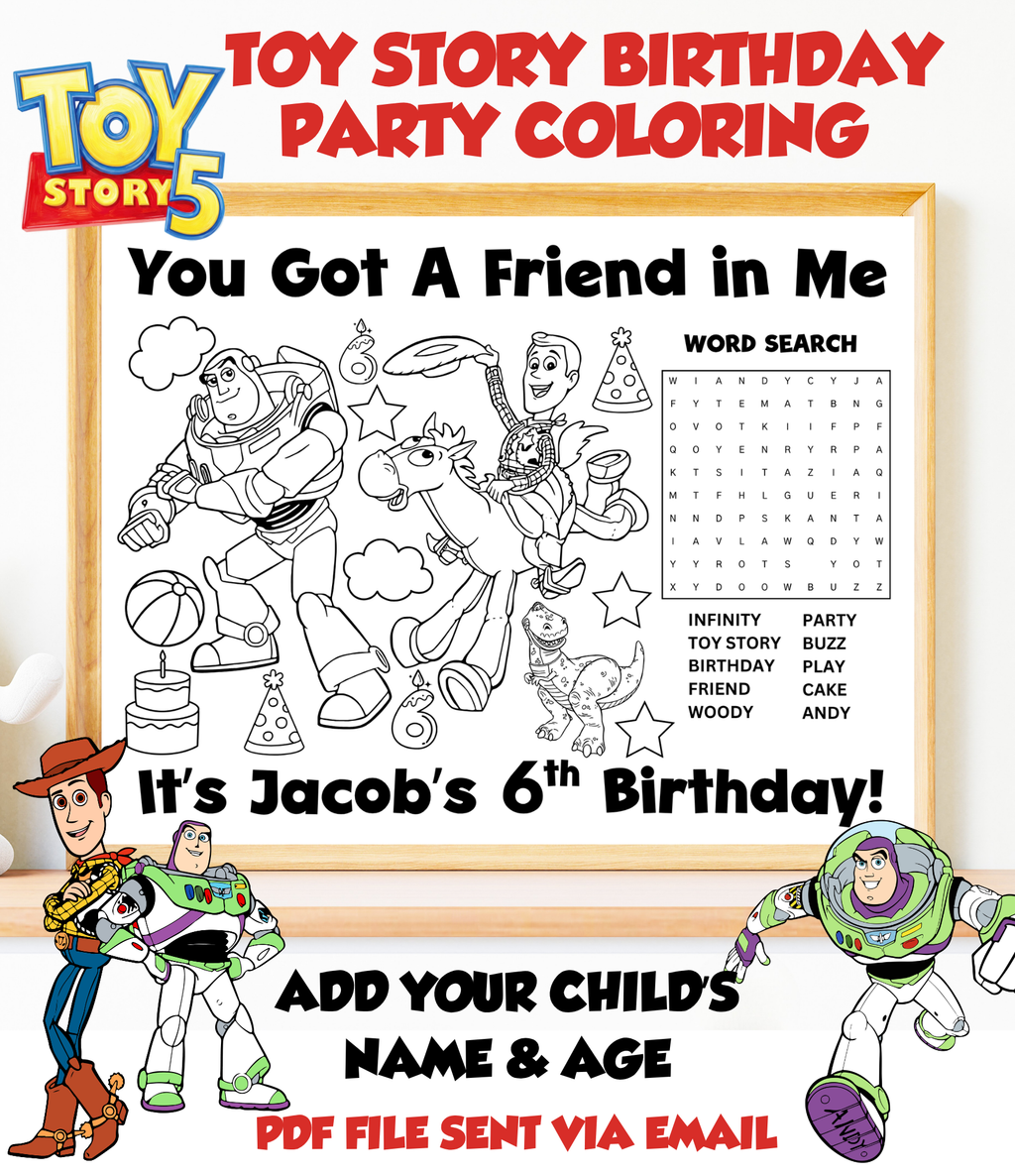 Custom Toy Story Birthday Coloring Page for Kids | Personalized Kid Party Coloring Sheet |