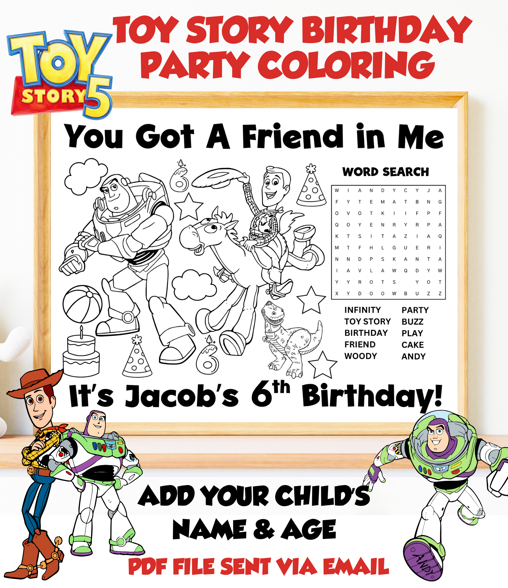 Custom Toy Story Birthday Coloring Page for Kids | Personalized Kid Party Coloring Sheet |