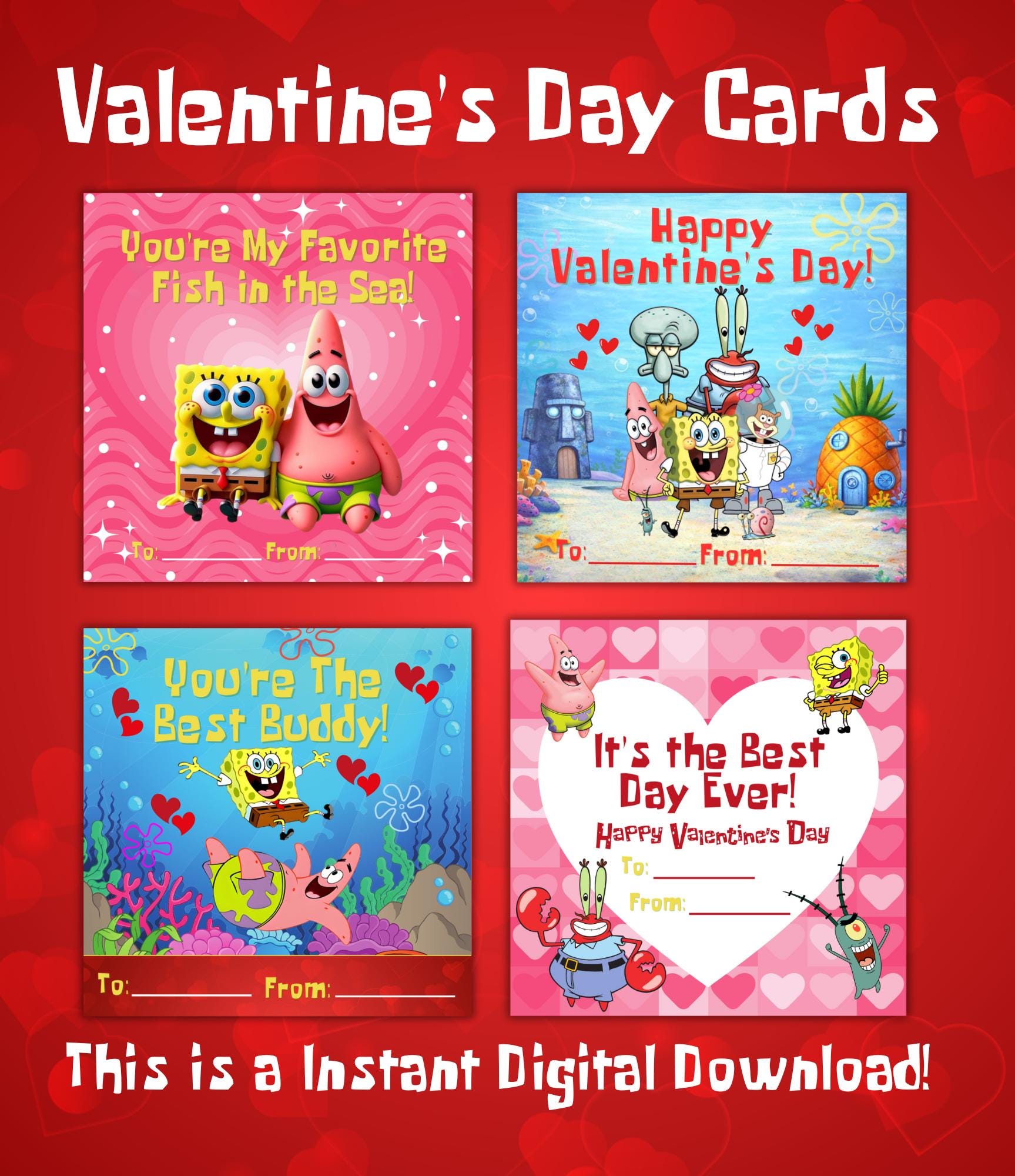 SpongeBob Valentine Day Cards | Cartoon Valentine Cards for Classroom| Cartoon Underwater Valentines