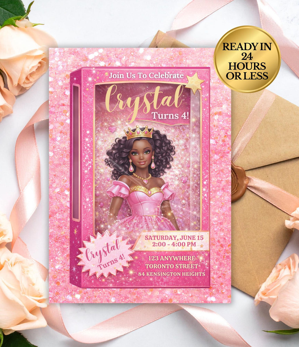 Custom Black Princess Invitation Card | Personalized Fashion Doll Birthday Card | Digital Girls Party Invitation |  Doll Birthday Party