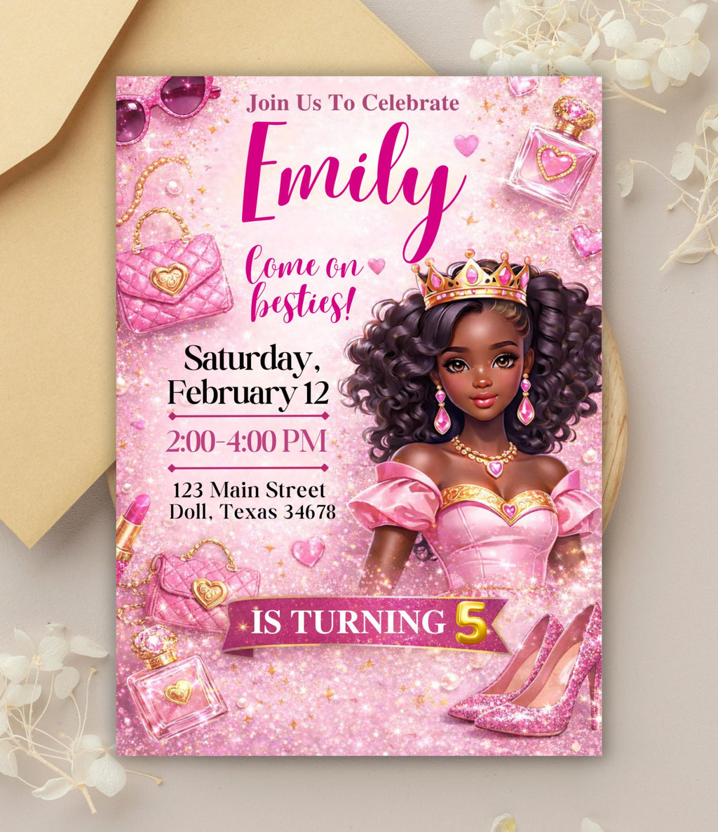 Custom Black Princess Invitation Card | Personalized Princess Birthday Card | Custom Digital Girls Party Invitation |  Doll Birthday Party