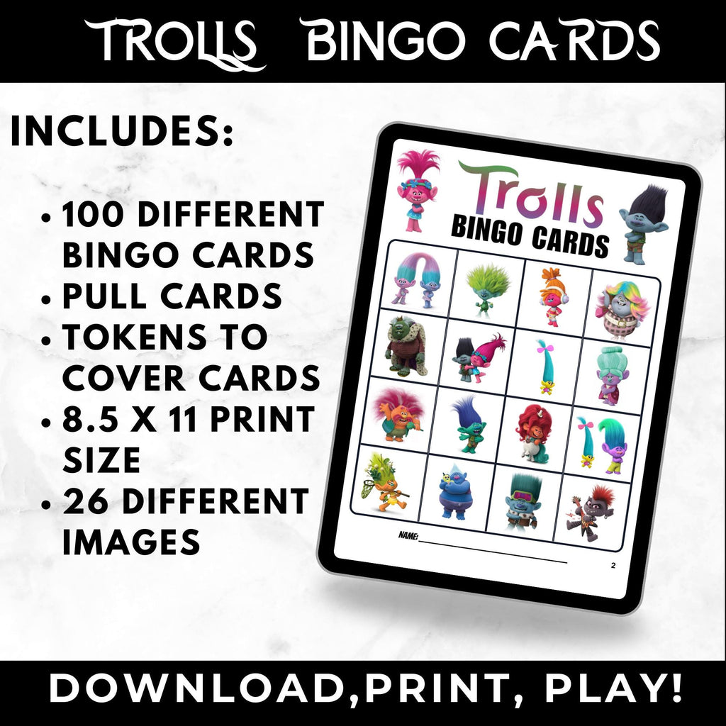 Trolls Bingo Cards | Trolls Birthday Party Game | Trolls Party Favors | 100 Printable Bingo Cards for Kids | Family Game Night Activity