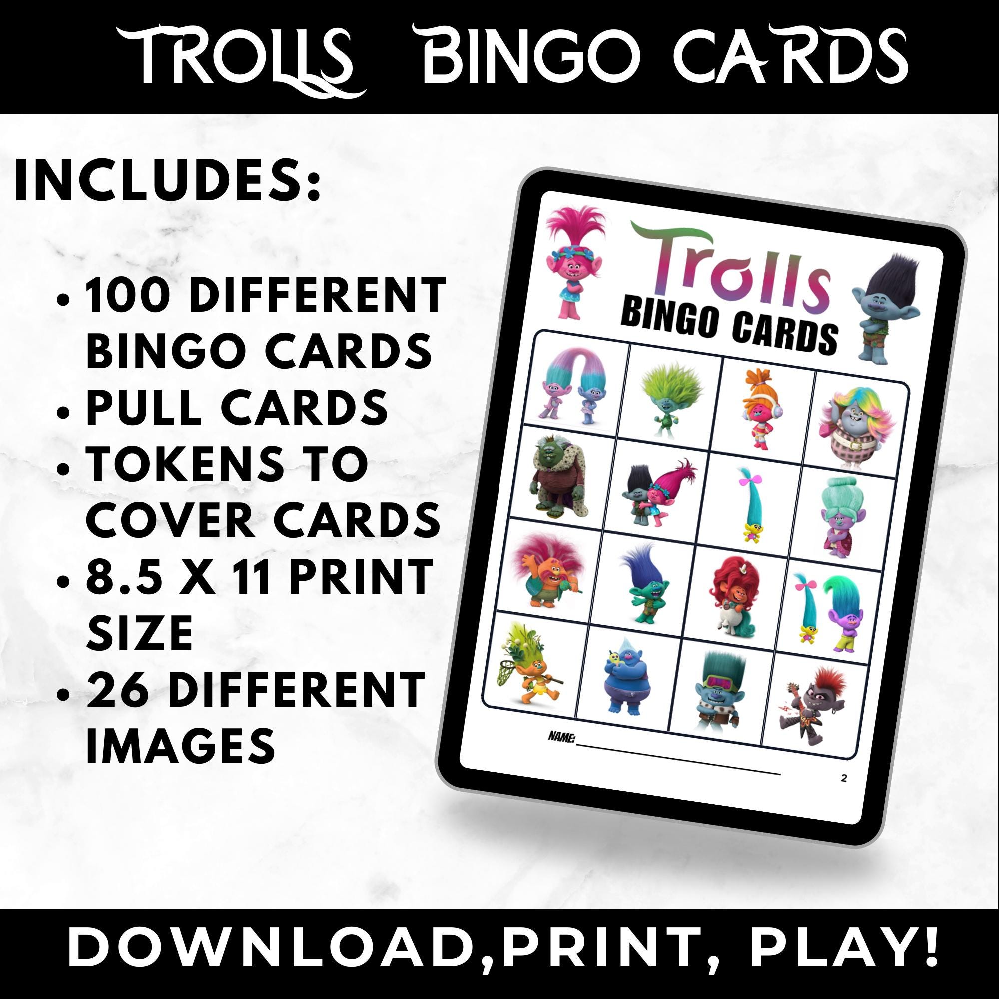 Trolls Bingo Cards | Trolls Birthday Party Game | Trolls Party Favors | 100 Printable Bingo Cards for Kids | Family Game Night Activity