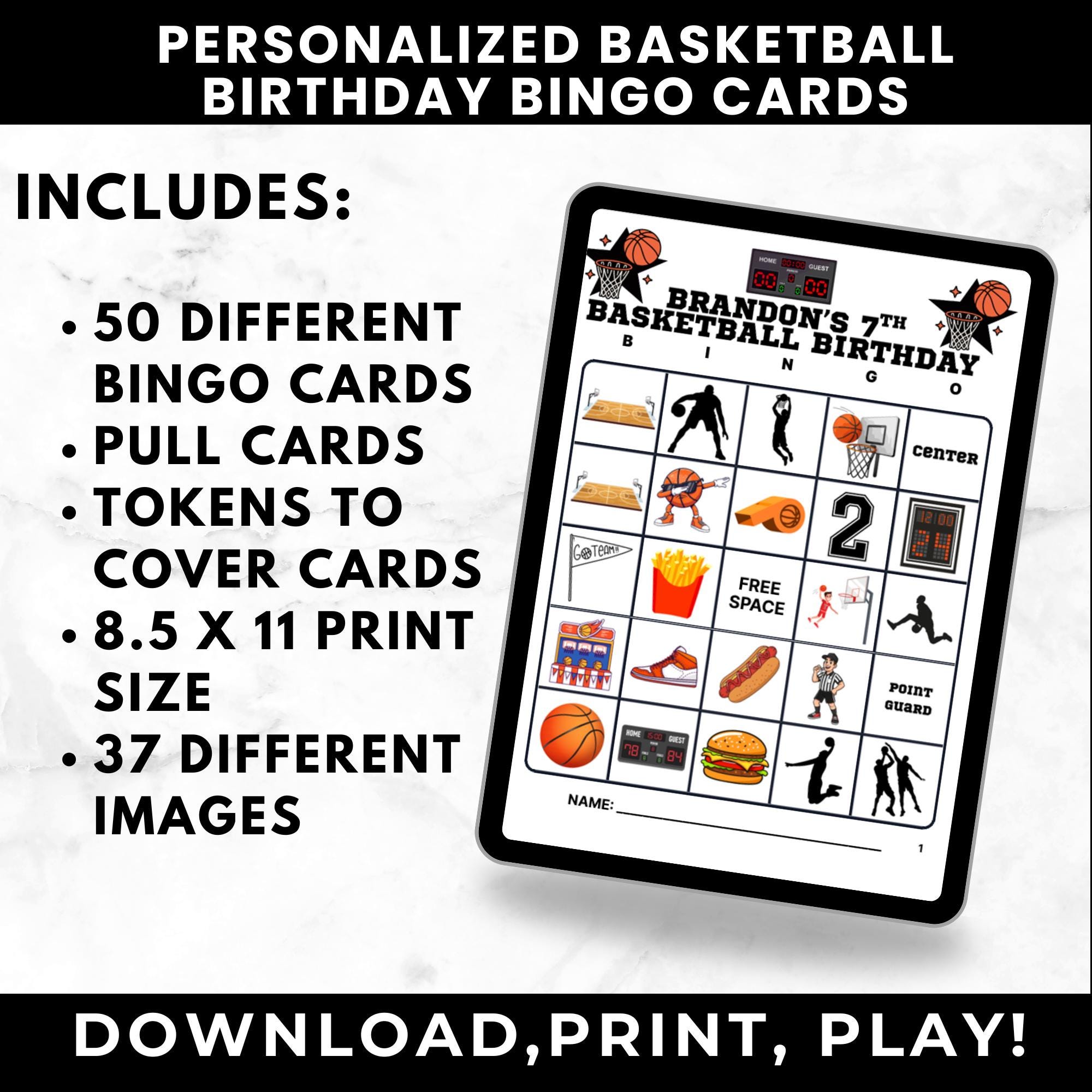 Personalized Basketball Birthday Bingo Cards | Custom Sports Party Game | 50 Unique Cards | Printable Digital Download