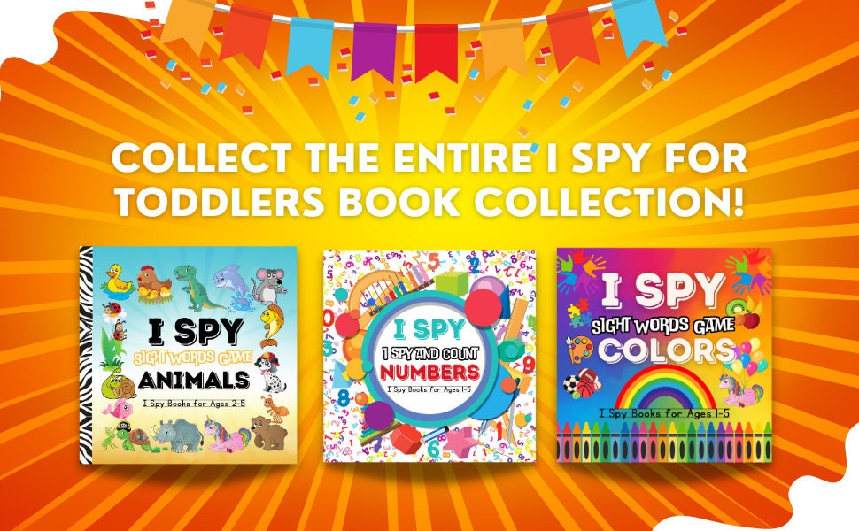 Three 'I Spy' books for toddlers on a bright orange background with colorful flags.