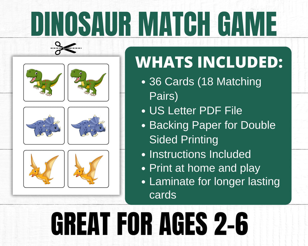 Dinosaur Matching Game for Kids Birthday Party | Dino Birthday Game | Printable Memory Game
