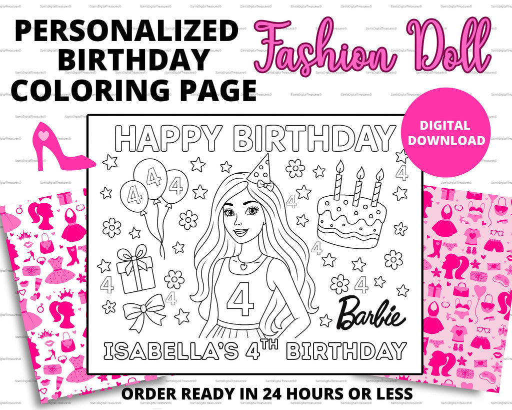 Custom Fashion Doll Birthday Coloring Page | Personalized Doll Birthday Activity | Custom Printable Kids Party Favor | Doll Coloring Sheet