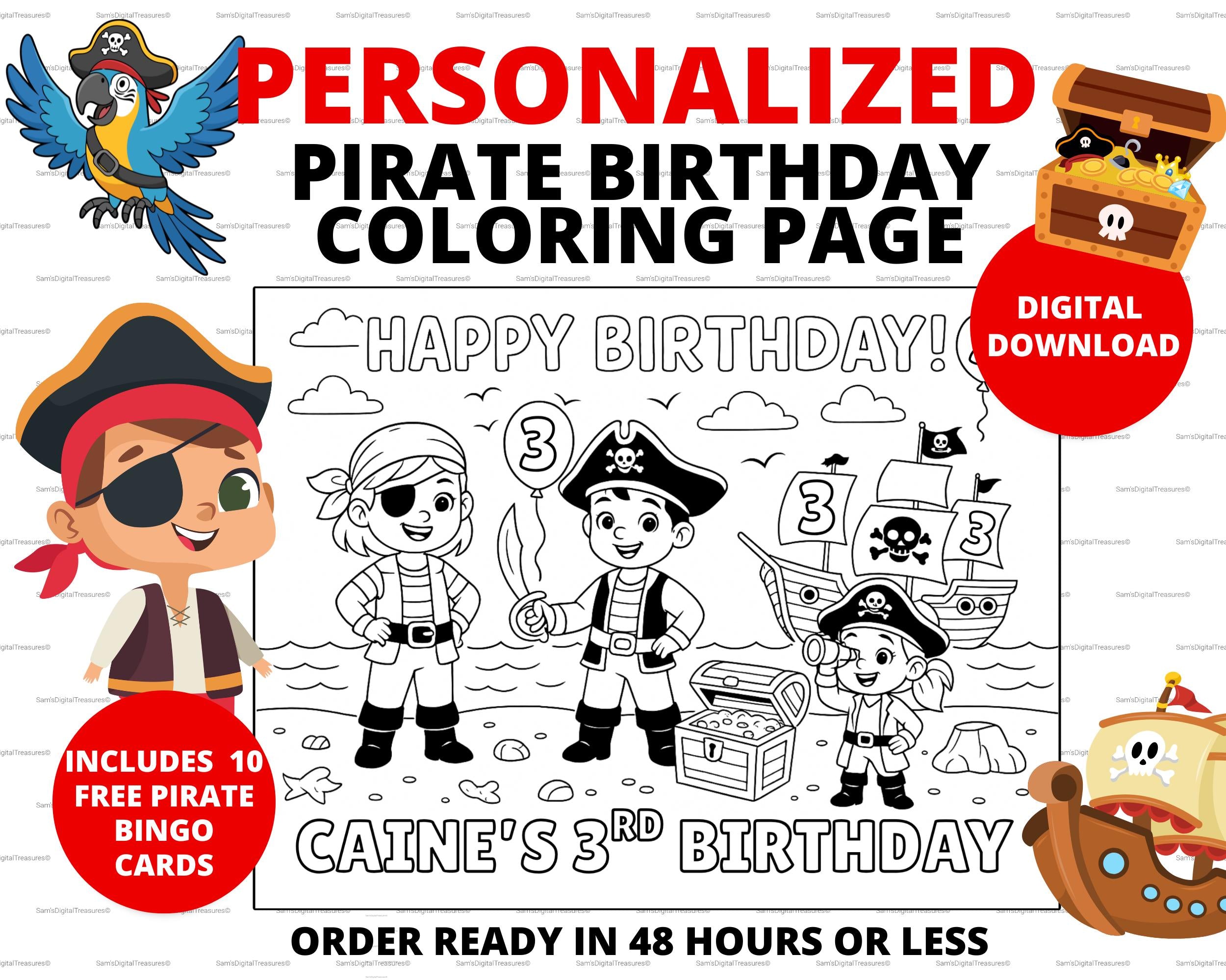 Personalized Pirate Birthday Coloring Activity Sheet for Kids Party Favors|